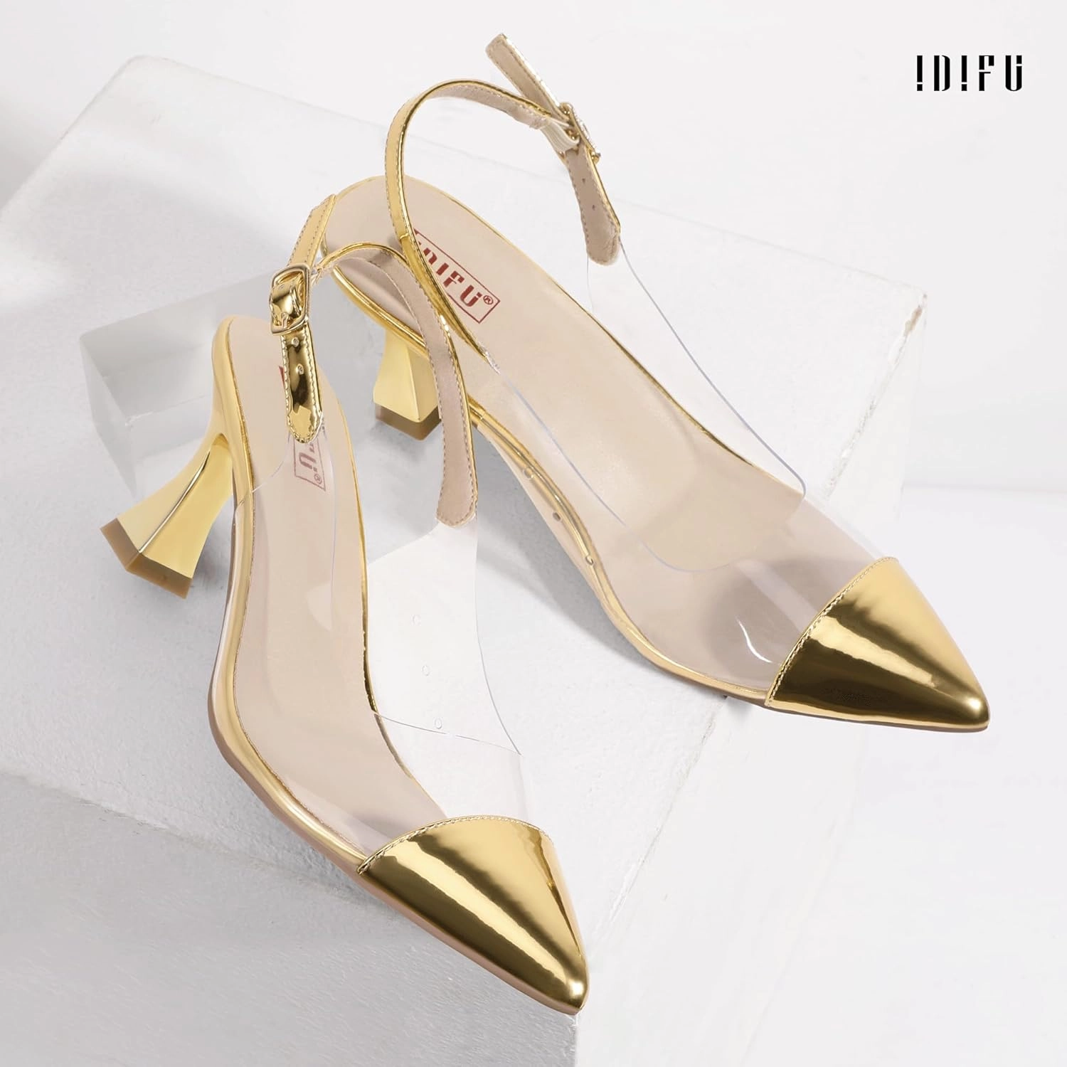 IDIFU IN3 Clear Kitten Heels Women's Pumps Closed Pointed Toe Slingback Low Short Heels Dress Shoes for Women Wedding Bridal Bridesmaid Prom Party Sexy Dressy Cute Trendy Pumps Shoes