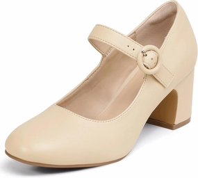 IDIFU IN3 Mary Jane Pumps Closed Toe Low Short Chunky Block Dress Shoes for Women Wedding Bridal Flight Attendant Heels Formal Cute Round Toe Vintage Small Thick Pumps Heels with Round Buckle