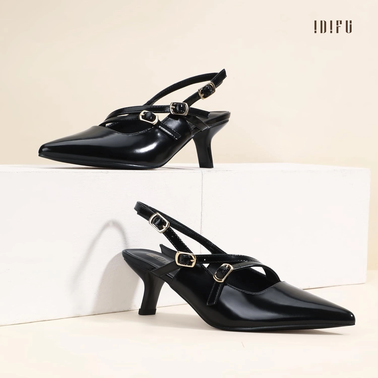 IDIFU IN3 Slingback Heels Closed Pointed Toe Pumps Strappy Low Short Chunky Block Dress Shoes for Women Wedding Bridal Prom Formal Graduation Heels Comfortable Cute Trendy Dressy Small Pumps Shoes