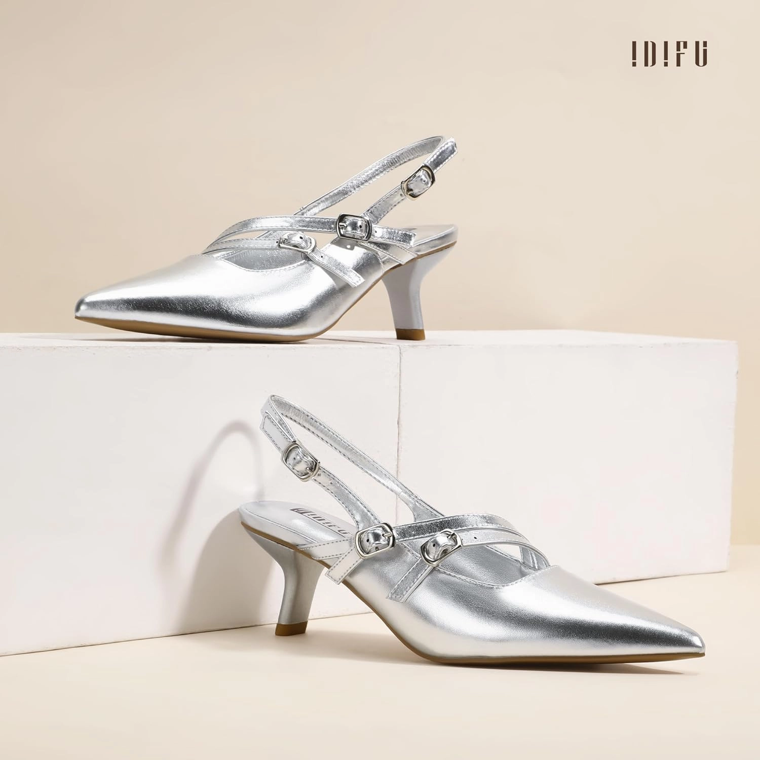 IDIFU IN3 Slingback Heels Closed Pointed Toe Pumps Strappy Low Short Chunky Block Dress Shoes for Women Wedding Bridal Prom Formal Graduation Heels Comfortable Cute Trendy Dressy Small Pumps Shoes