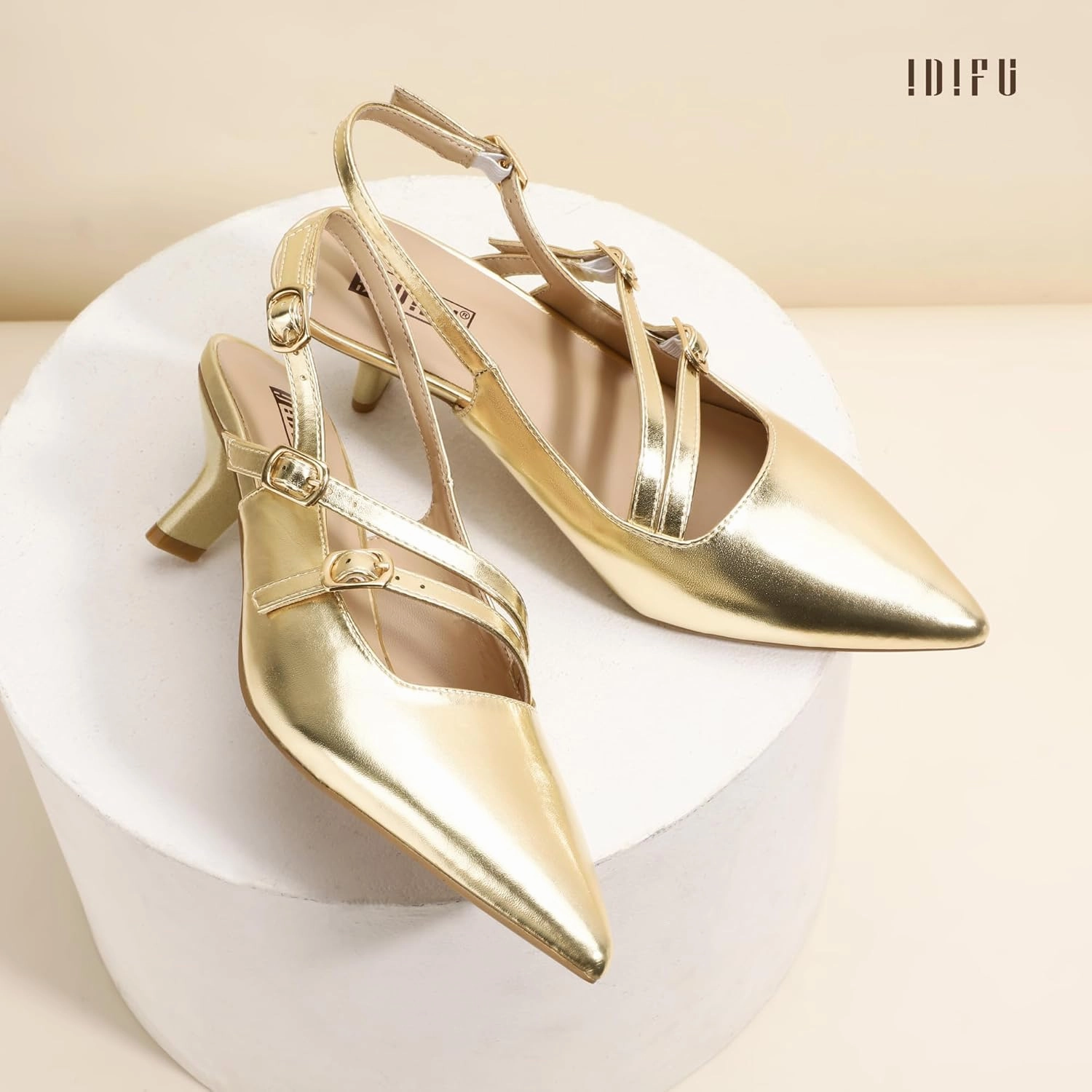 IDIFU IN3 Slingback Heels Closed Pointed Toe Pumps Strappy Low Short Chunky Block Dress Shoes for Women Wedding Bridal Prom Formal Graduation Heels Comfortable Cute Trendy Dressy Small Pumps Shoes