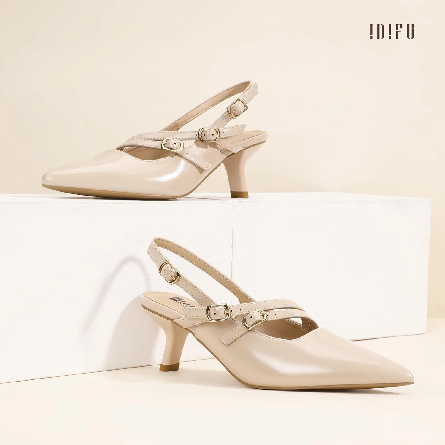 IDIFU IN3 Slingback Heels Closed Pointed Toe Pumps Strappy Low Short Chunky Block Dress Shoes for Women Wedding Bridal Prom Formal Graduation Heels Comfortable Cute Trendy Dressy Small Pumps Shoes