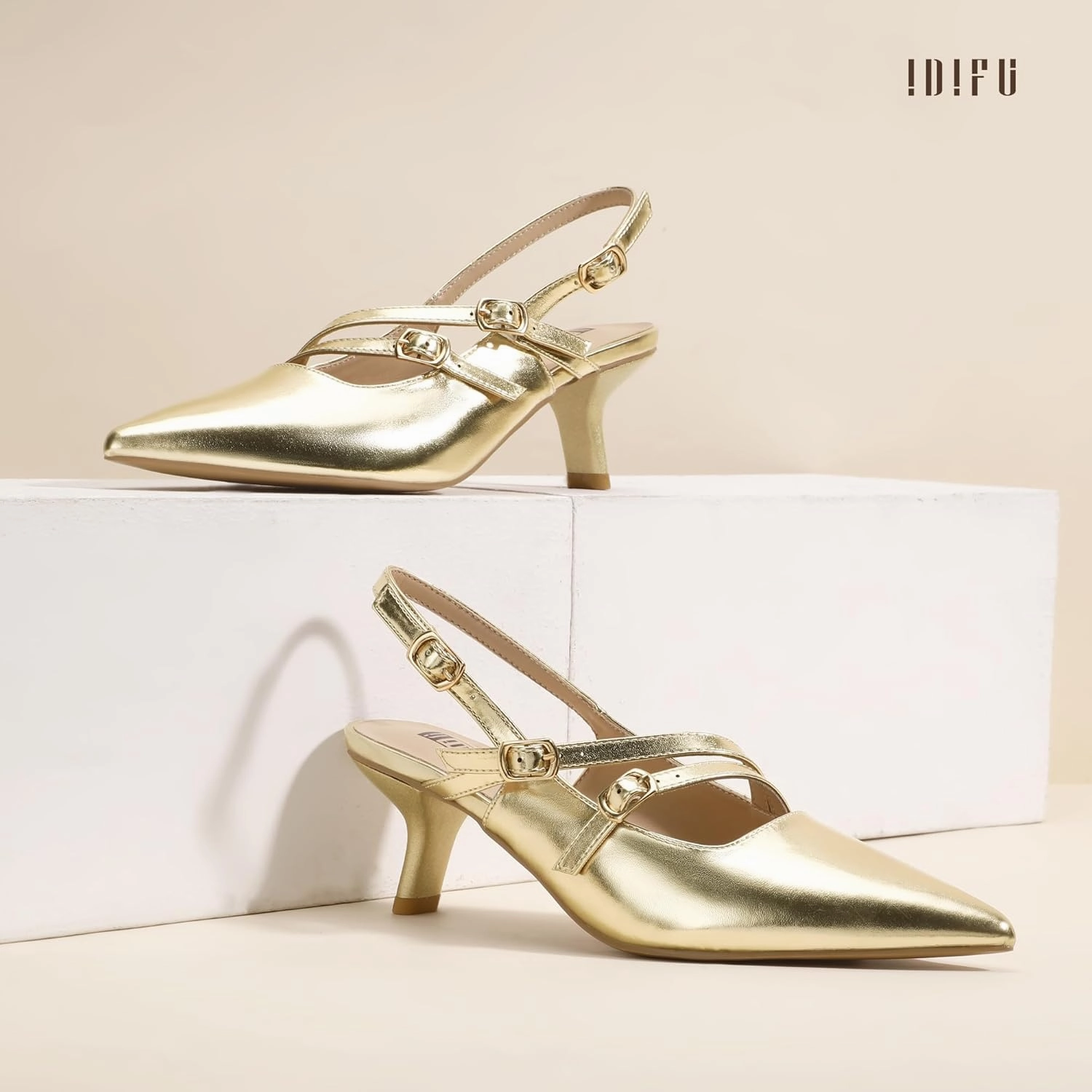 IDIFU IN3 Slingback Heels Closed Pointed Toe Pumps Strappy Low Short Chunky Block Dress Shoes for Women Wedding Bridal Prom Formal Graduation Heels Comfortable Cute Trendy Dressy Small Pumps Shoes
