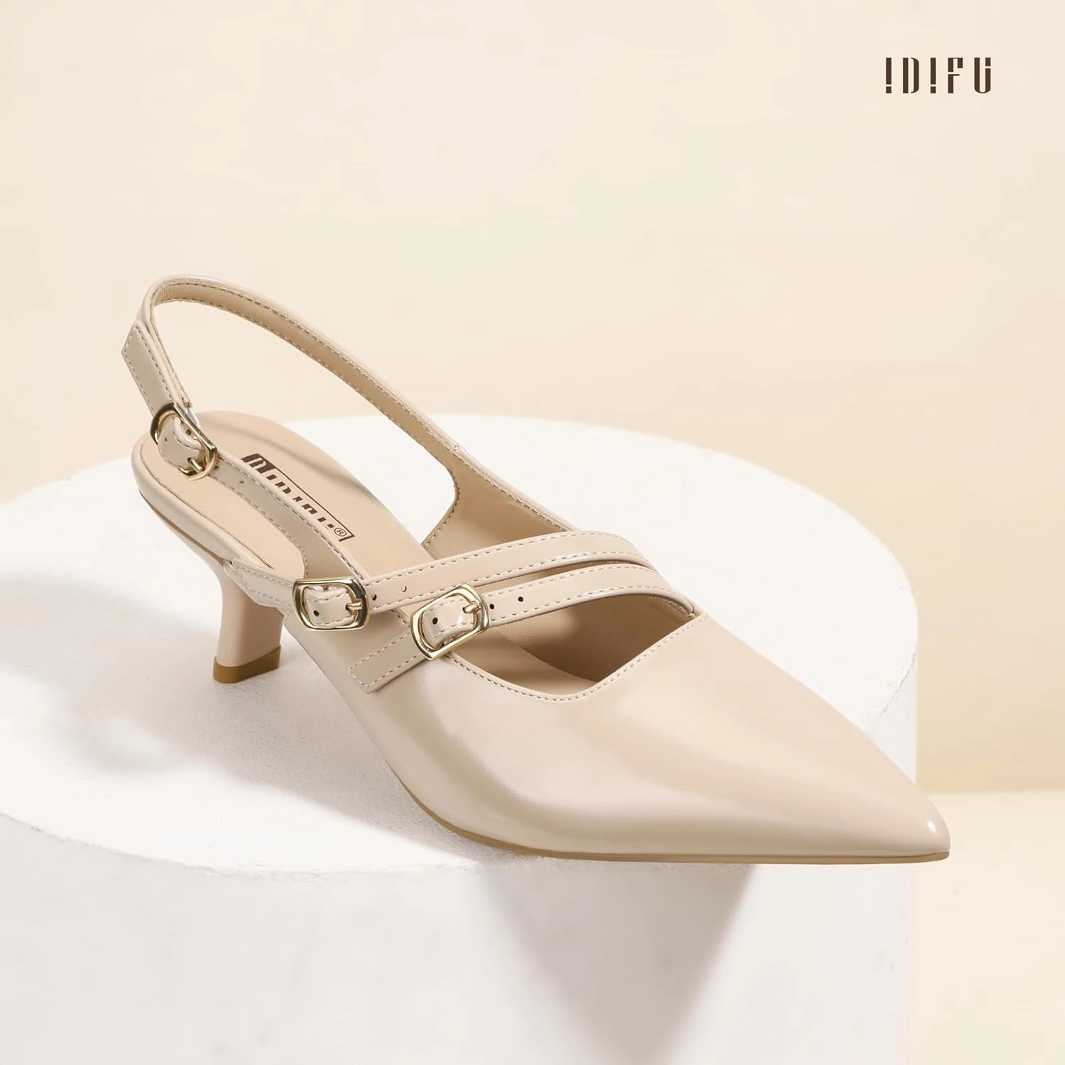 IDIFU IN3 Slingback Heels Closed Pointed Toe Pumps Strappy Low Short Chunky Block Dress Shoes for Women Wedding Bridal Prom Formal Graduation Heels Comfortable Cute Trendy Dressy Small Pumps Shoes