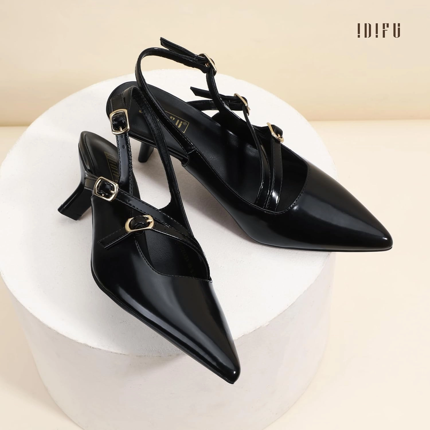 IDIFU IN3 Slingback Heels Closed Pointed Toe Pumps Strappy Low Short Chunky Block Dress Shoes for Women Wedding Bridal Prom Formal Graduation Heels Comfortable Cute Trendy Dressy Small Pumps Shoes