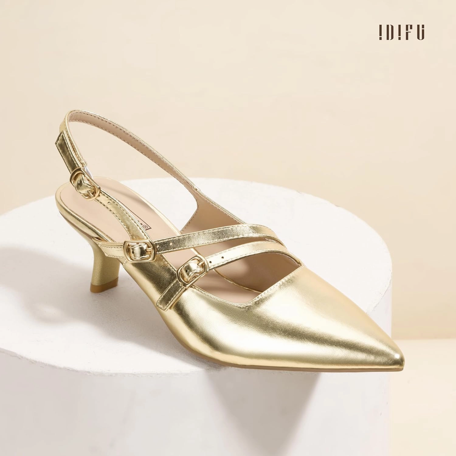 IDIFU IN3 Slingback Heels Closed Pointed Toe Pumps Strappy Low Short Chunky Block Dress Shoes for Women Wedding Bridal Prom Formal Graduation Heels Comfortable Cute Trendy Dressy Small Pumps Shoes