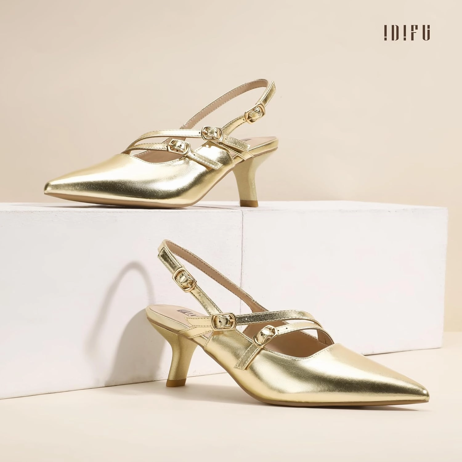 IDIFU IN3 Slingback Heels Closed Pointed Toe Pumps Strappy Low Short Chunky Block Dress Shoes for Women Wedding Bridal Prom Formal Graduation Heels Comfortable Cute Trendy Dressy Small Pumps Shoes