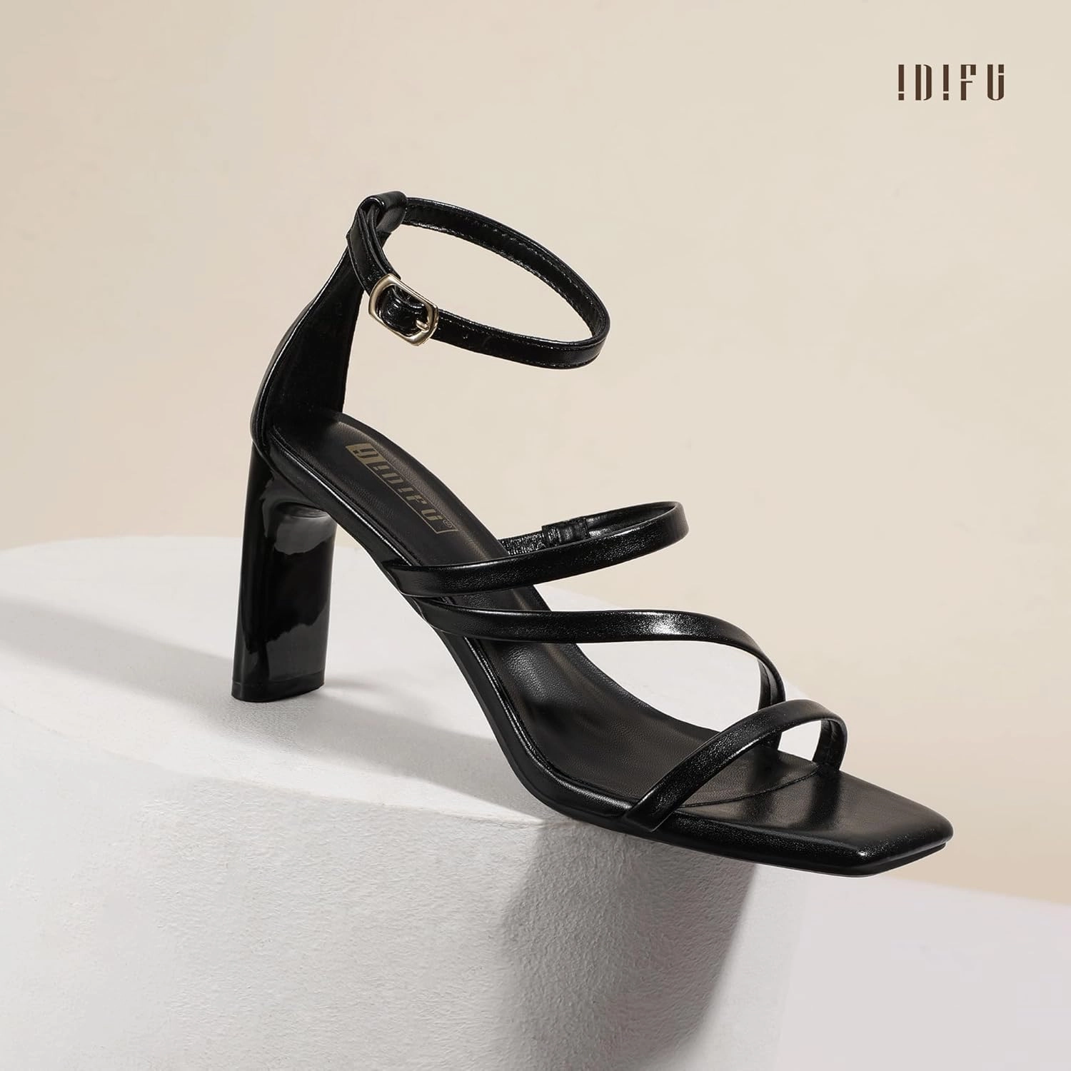 IDIFU IN3 Strappy Heels for Women Low Chunky Block Square Open Toe Heeled Sandals Wedding Bridal Bride Prom Party Dress Shoes Comfortable Dressy Formal Cute Ankle Strap Thick Heels