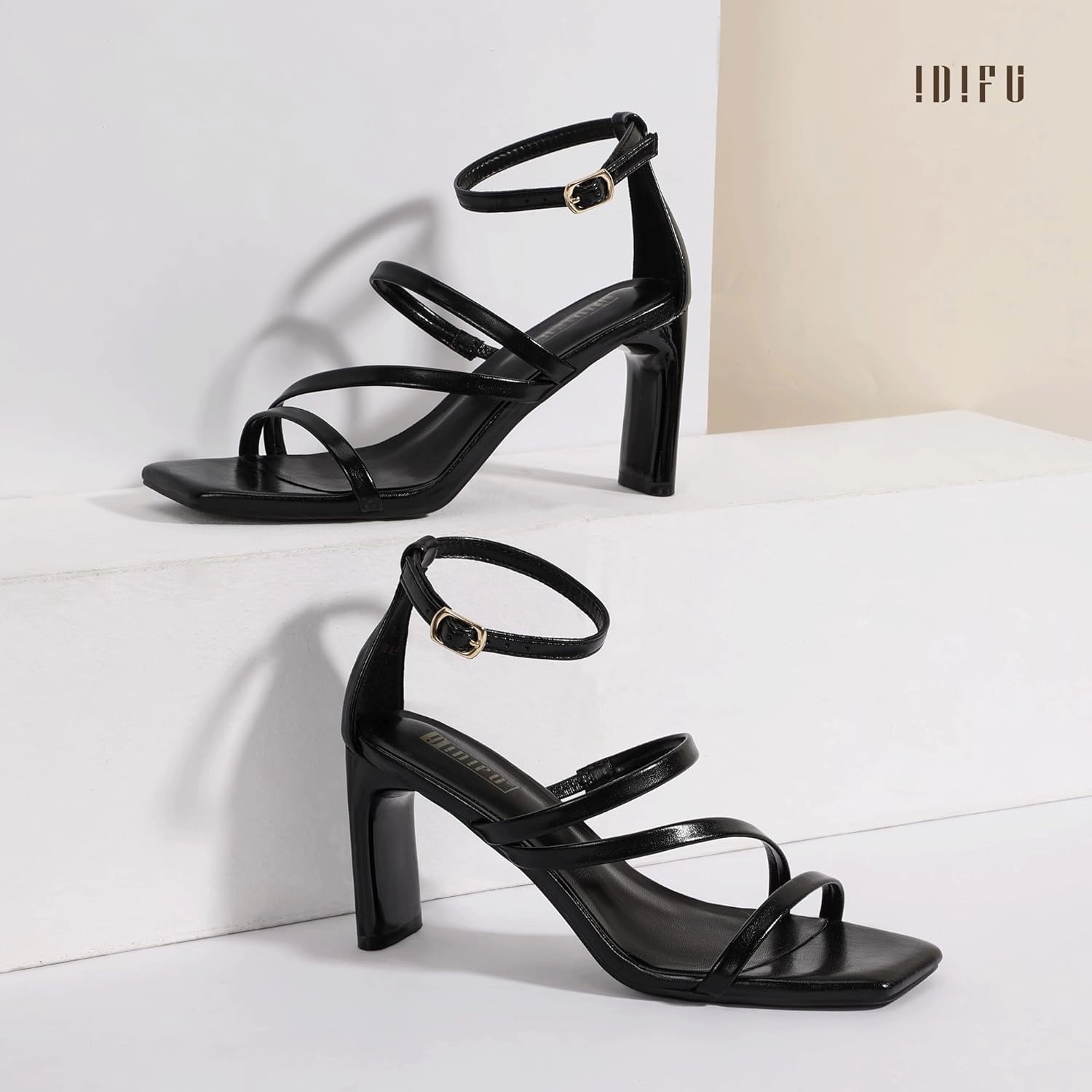IDIFU IN3 Strappy Heels for Women Low Chunky Block Square Open Toe Heeled Sandals Wedding Bridal Bride Prom Party Dress Shoes Comfortable Dressy Formal Cute Ankle Strap Thick Heels