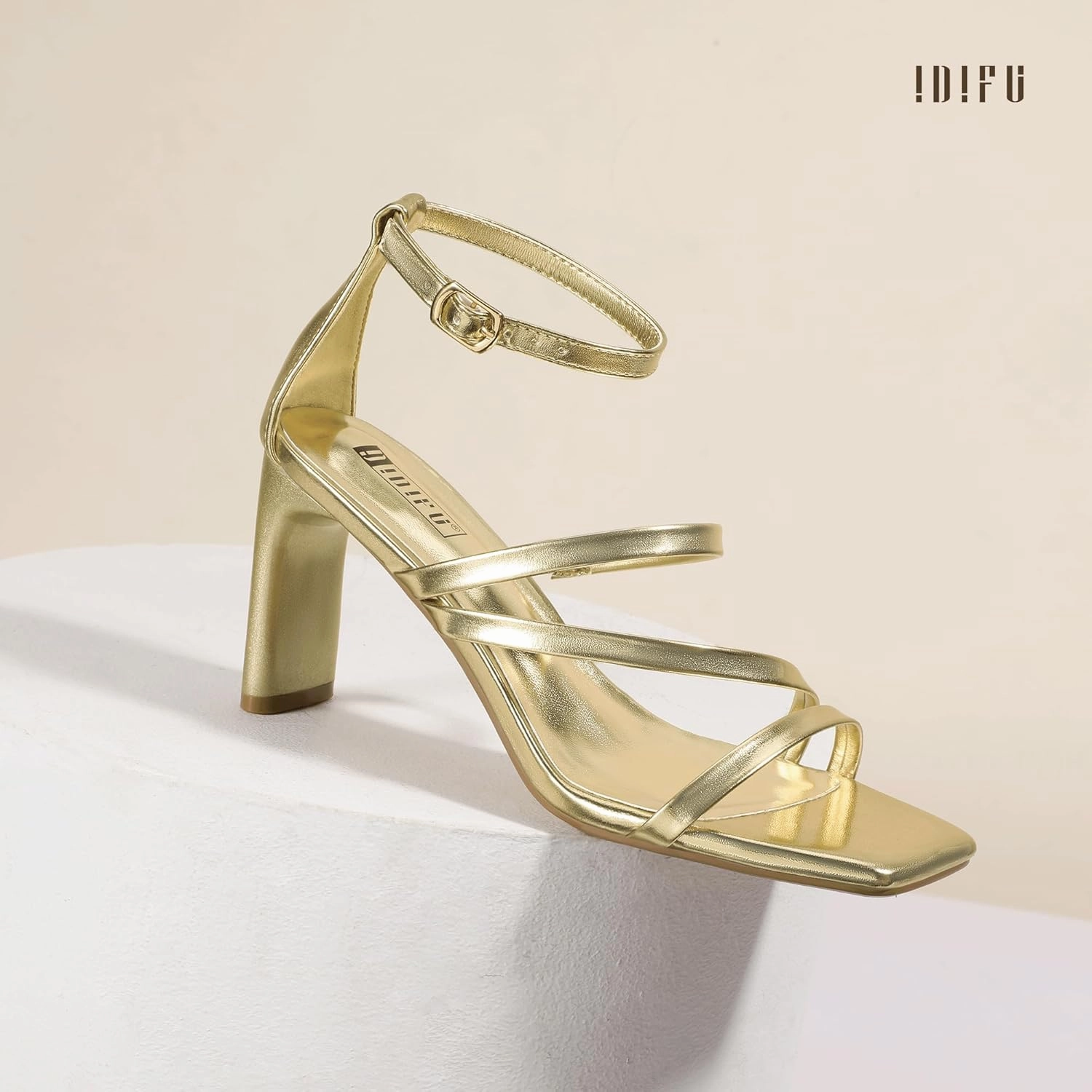 IDIFU IN3 Strappy Heels for Women Low Chunky Block Square Open Toe Heeled Sandals Wedding Bridal Bride Prom Party Dress Shoes Comfortable Dressy Formal Cute Ankle Strap Thick Heels