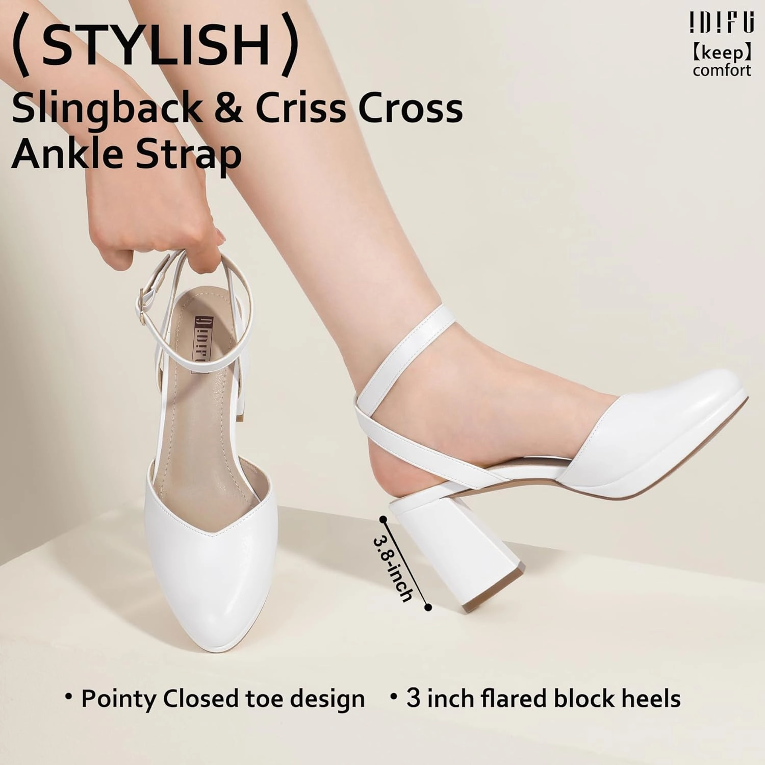 IDIFU IN3 Women's Pumps Platform Closed Toe Heels Comfortable Low Chunky Block Slingback Ankle Strap Dressy Wedding Bridal Party Shoes Pointed Toe Heels