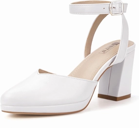 IDIFU IN3 Women's Pumps Platform Closed Toe Heels Comfortable Low Chunky Block Slingback Ankle Strap Dressy Wedding Bridal Party Shoes Pointed Toe Heels