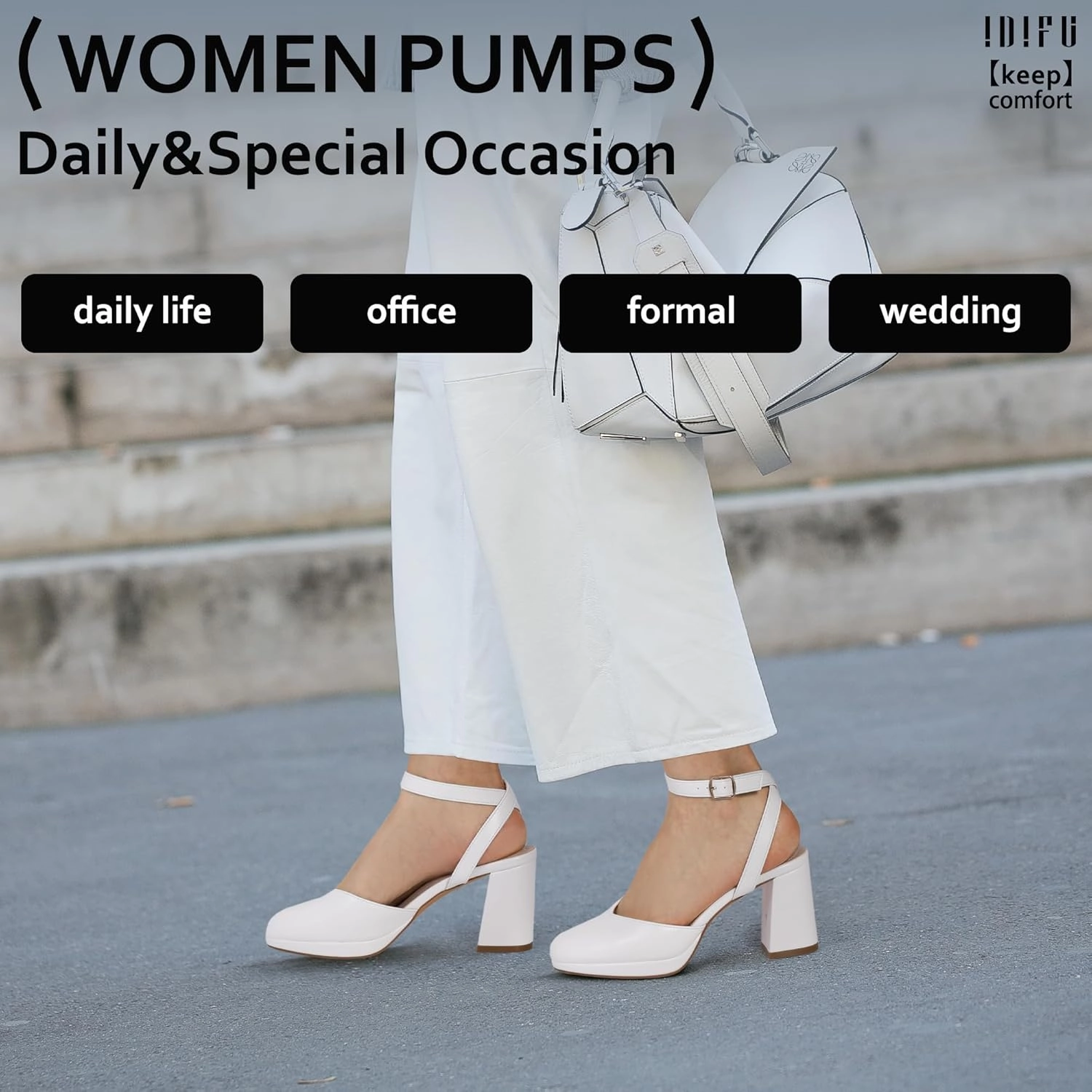 IDIFU IN3 Women's Pumps Platform Closed Toe Heels Comfortable Low Chunky Block Slingback Ankle Strap Dressy Wedding Bridal Party Shoes Pointed Toe Heels