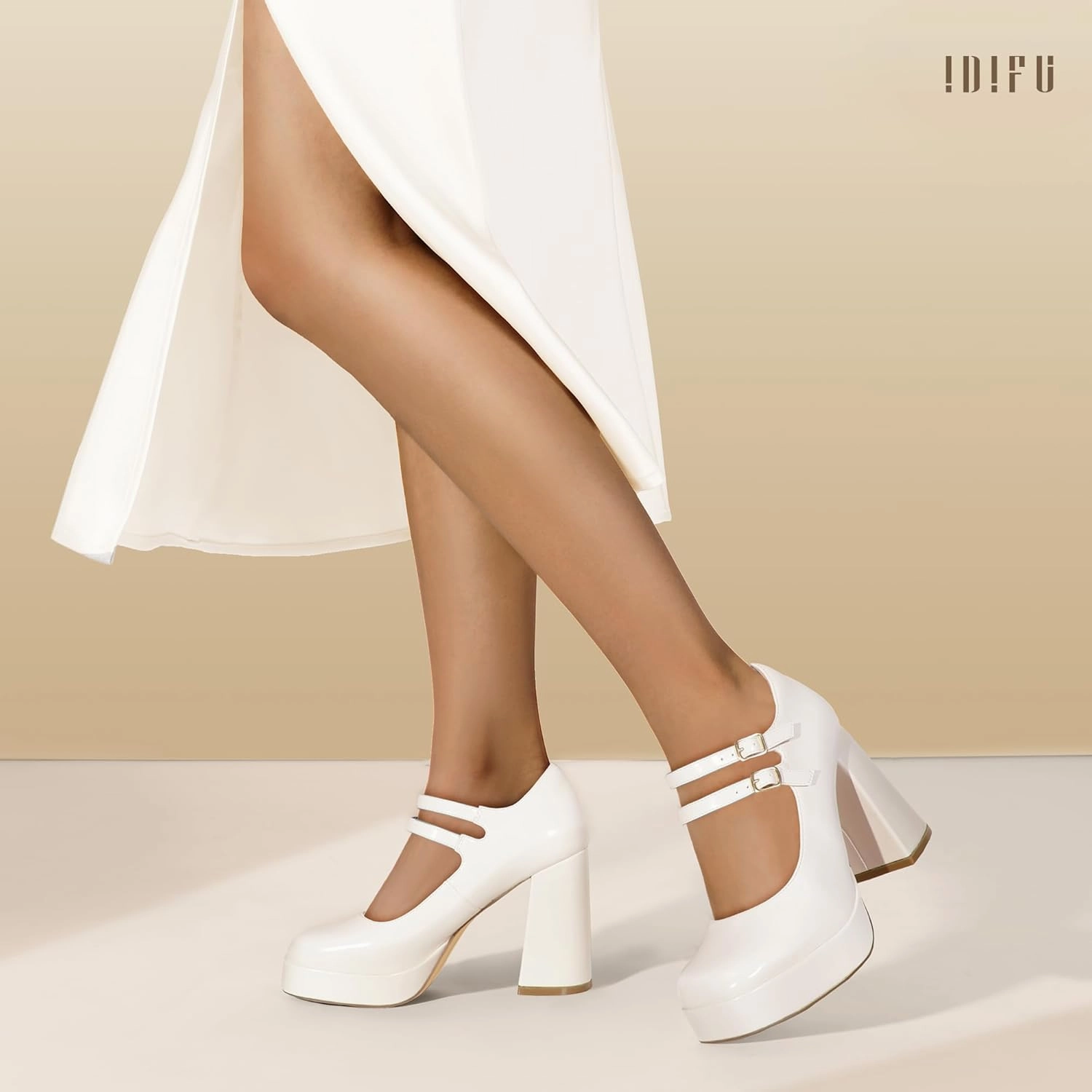 IDIFU IN4 Mary Jane Shoes Platform Chunky High Heels Closed Toe Dress Shoes for Women Wedding Work Business Homecoming Party Shoes Comfortable Casual Dressy Square Toe Heels Pumps