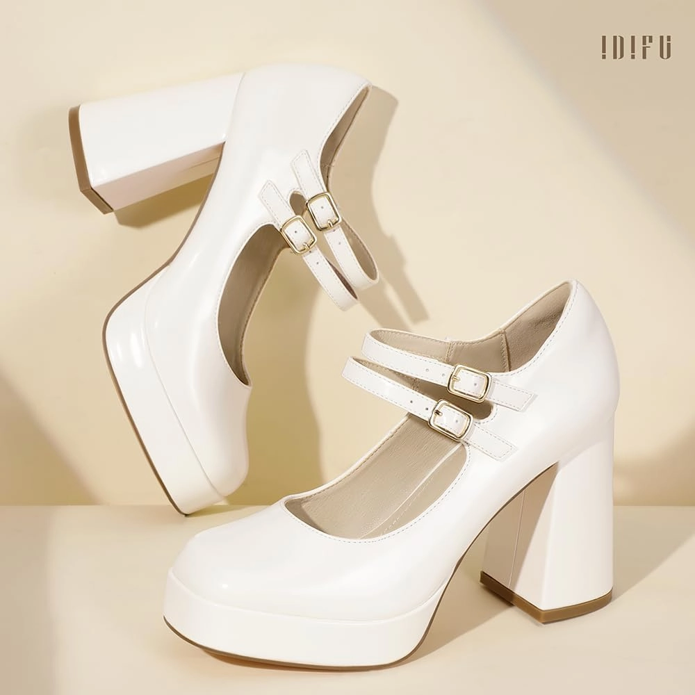 IDIFU IN4 Mary Jane Shoes Platform Chunky High Heels Closed Toe Dress Shoes for Women Wedding Work Business Homecoming Party Shoes Comfortable Casual Dressy Square Toe Heels Pumps