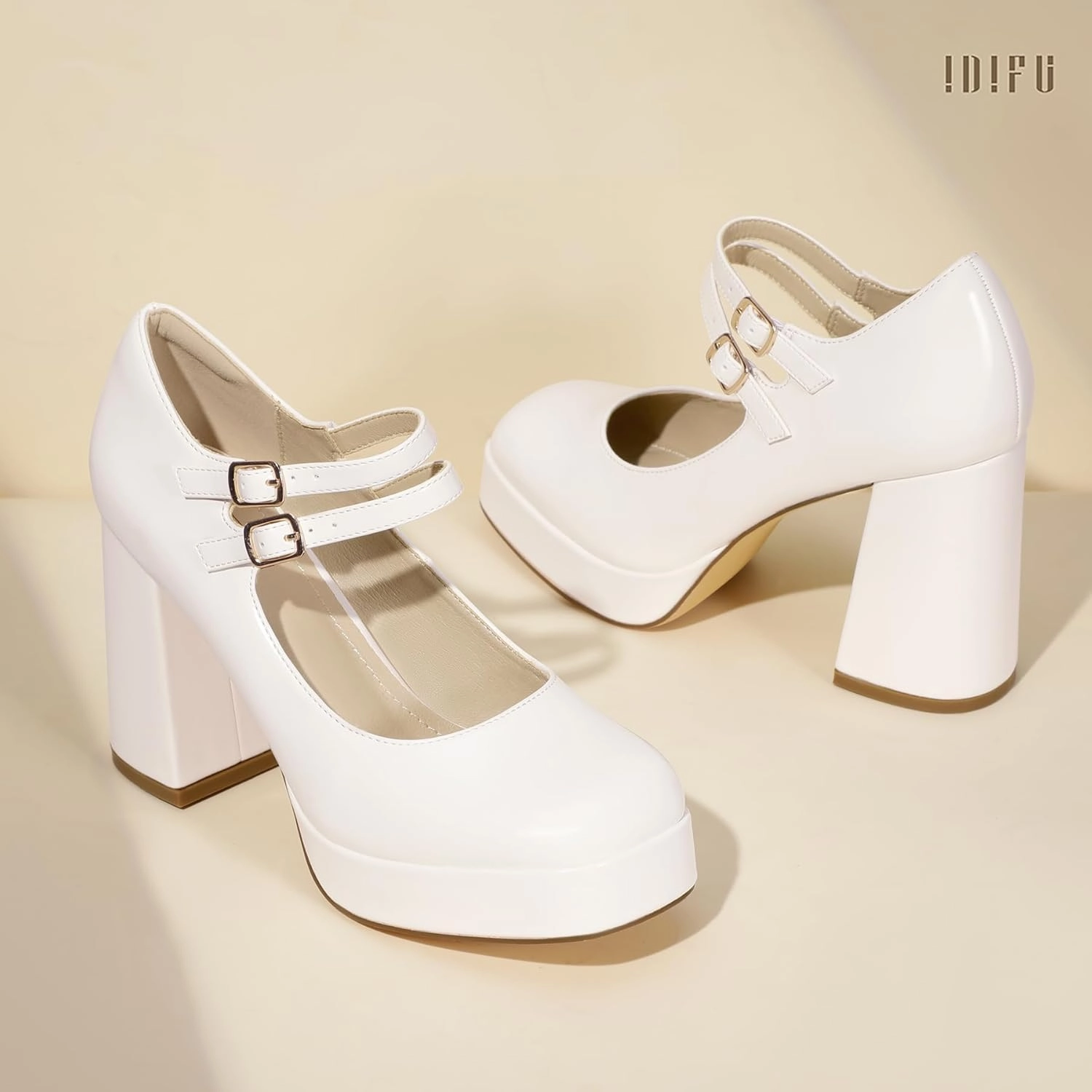 IDIFU IN4 Mary Jane Shoes Platform Chunky High Heels Closed Toe Dress Shoes for Women Wedding Work Business Homecoming Party Shoes Comfortable Casual Dressy Square Toe Heels Pumps