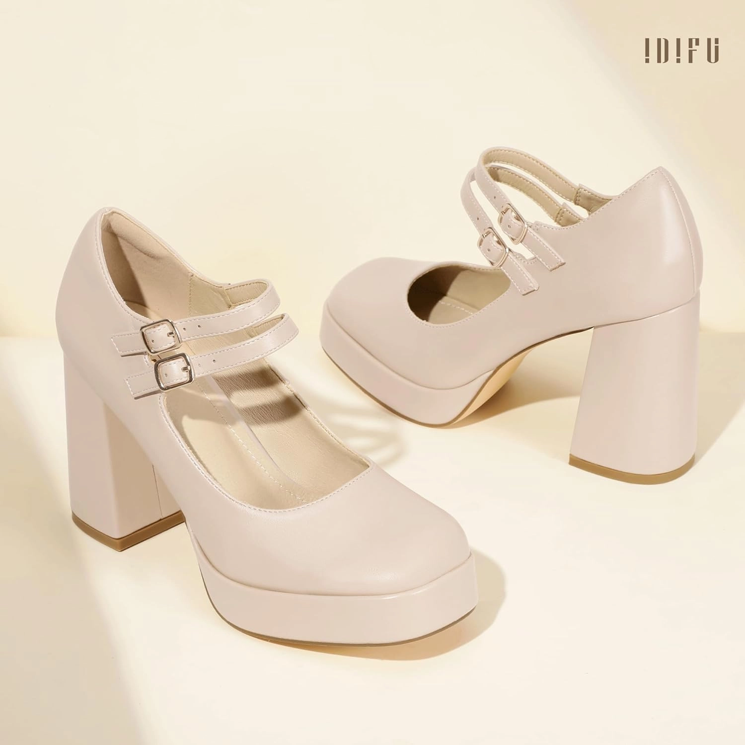 IDIFU IN4 Mary Jane Shoes Platform Chunky High Heels Closed Toe Dress Shoes for Women Wedding Work Business Homecoming Party Shoes Comfortable Casual Dressy Square Toe Heels Pumps
