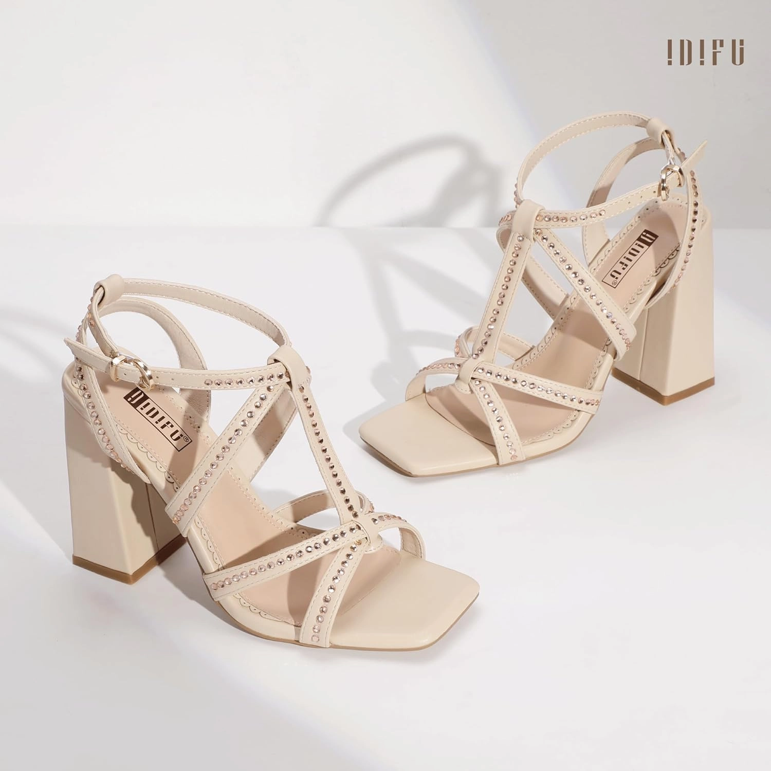 IDIFU IN4 Rhinestone Heels for Women Strappy High Chunky Block Heels Square Toe Slingback Dress Shoes Wedding Bridal Prom Party Heeled Sandals Dressy Sexy Sparkly Thick Heels