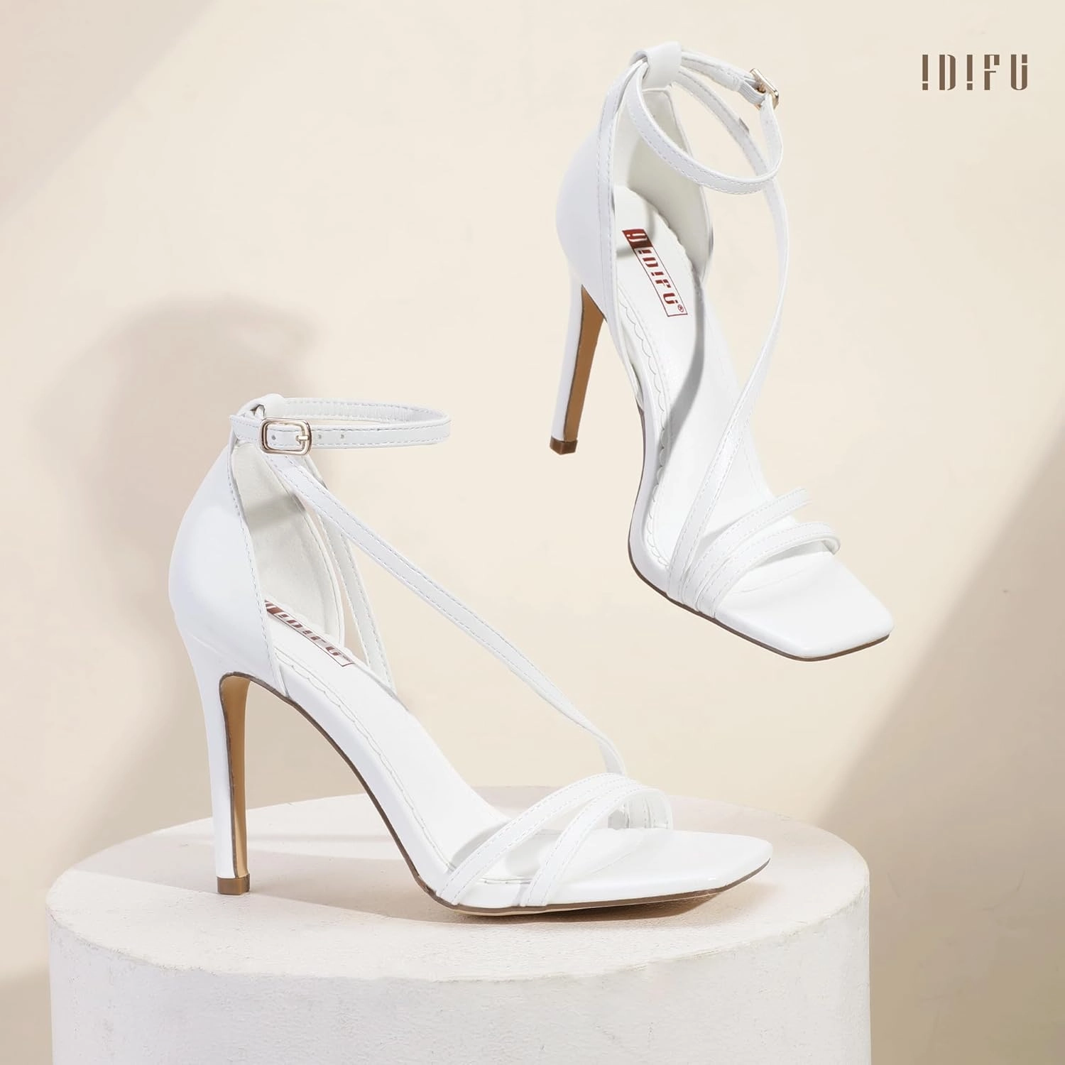 IDIFU IN4 Strappy Heels for Women Sexy High Stiletto Square Open Toe Heels Dress Shoes for Women Dressy Wedding Prom Bridal Bridesmaid Shoes Ankle Strap Heeled Sandals Comfortable Cute Trendy Heels