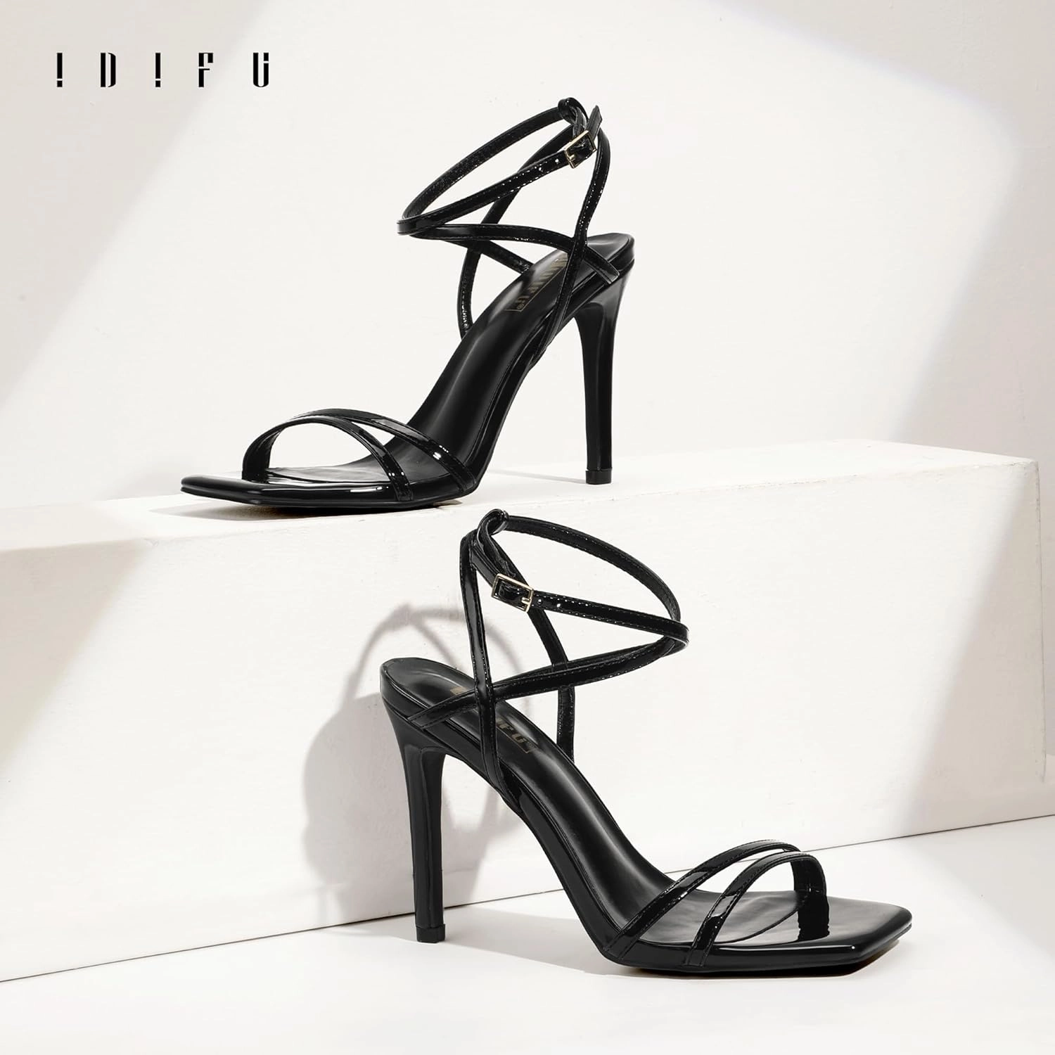 IDIFU IN4 Strappy Heels Stiletto High Heel Square Open Toe Slingback Dress Shoes for Women Adjustable Ankle Strap Heeled Sandals Wedding Prom Bridal Dressy Fashion Trendy Comfortable Skinny Heels