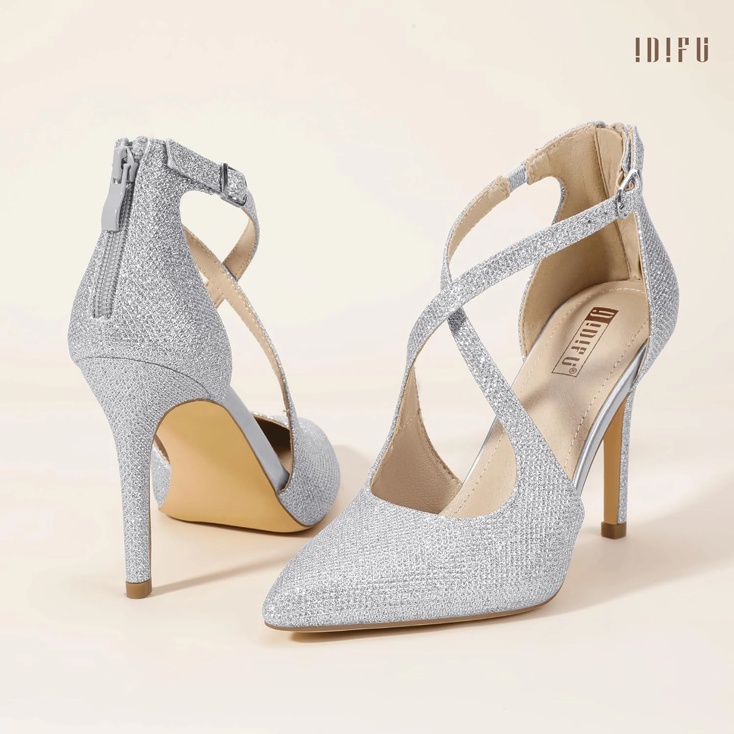 IDIFU IN4 Women's Pumps Closed Toe Stiletto Heels Strappy Wedding Bridal Office Homecoming Work Prom Dress Shoes Bride Comfortable Dressy Formal Pointed Toe Zip