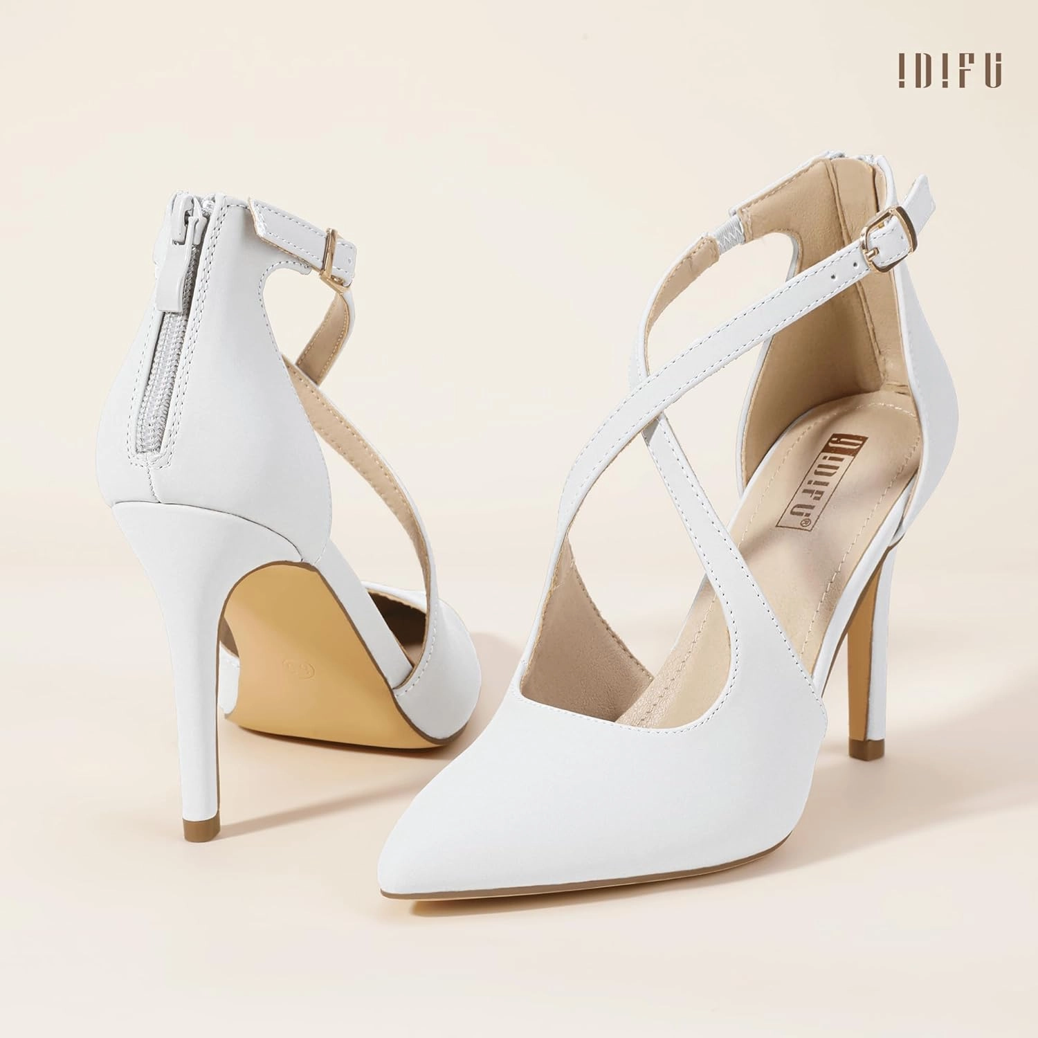 IDIFU IN4 Women's Pumps Closed Toe Stiletto Heels Strappy Wedding Bridal Office Homecoming Work Prom Dress Shoes Bride Comfortable Dressy Formal Pointed Toe Zip