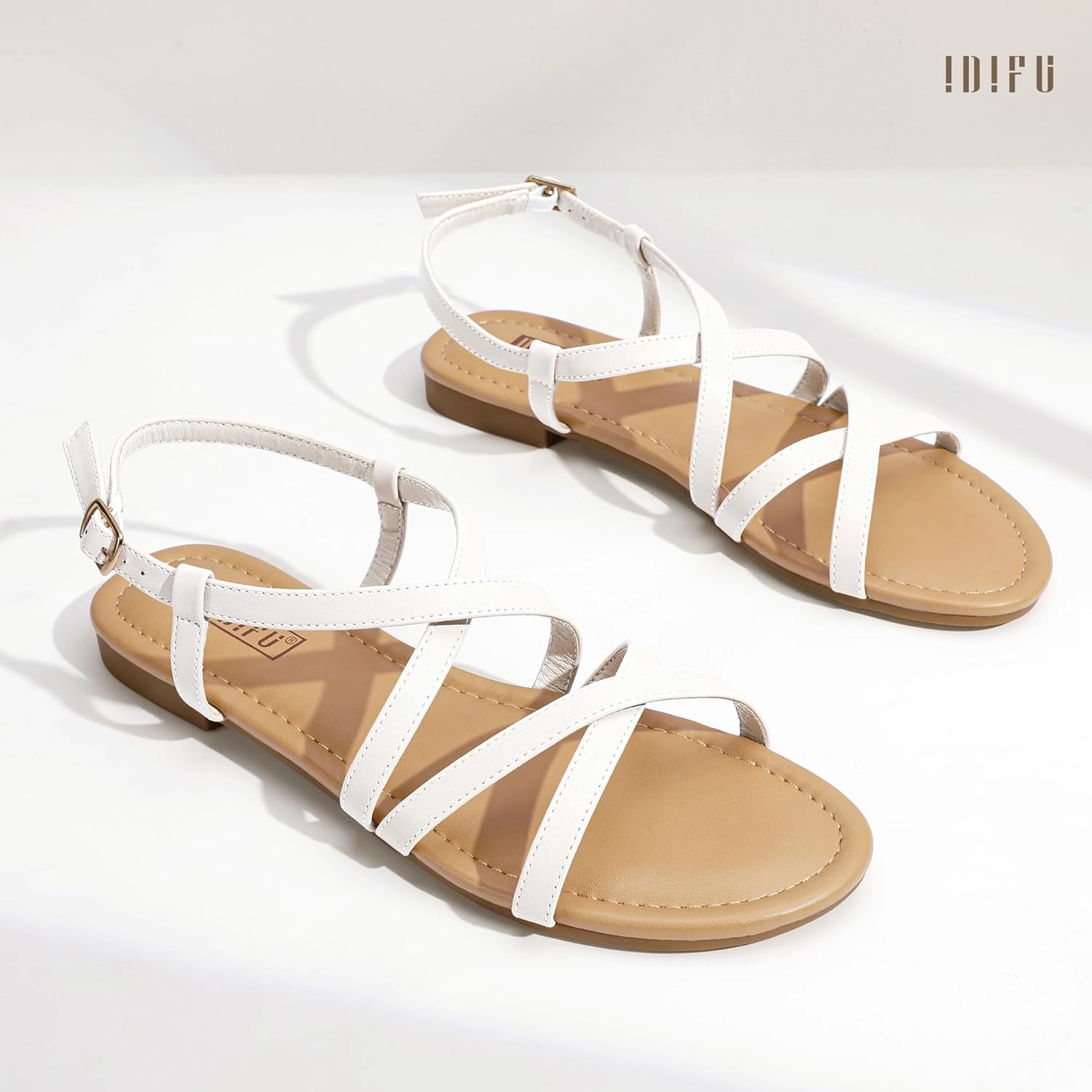 IDIFU Strappy Sandals for Women Open Toe Slingback Ankle Strap Flat Sandals Summer Beach Wedding Bridal Prom Party Work Office Dress Sandals Comfortable Trendy Casual Dressy Sandals