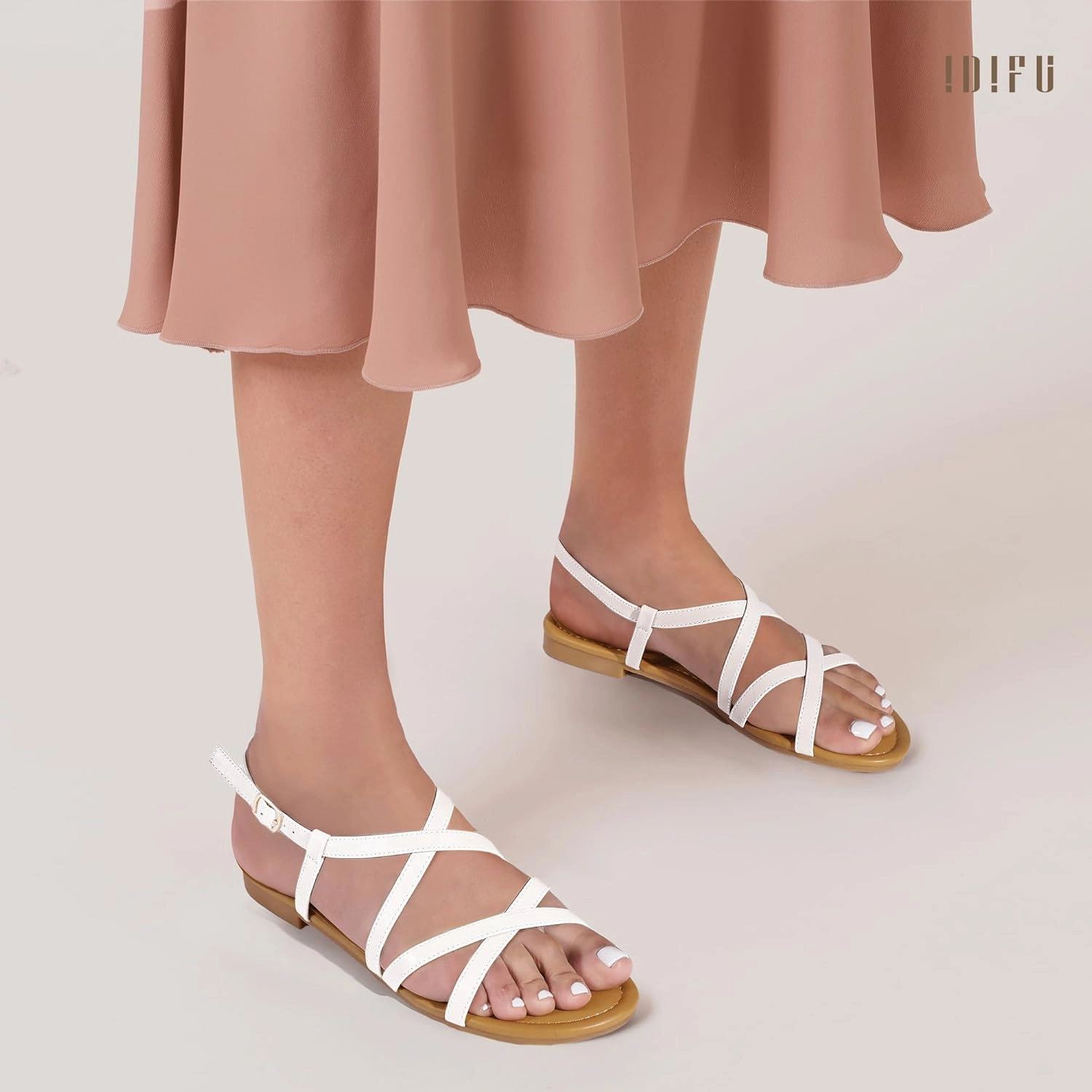 IDIFU Strappy Sandals for Women Open Toe Slingback Ankle Strap Flat Sandals Summer Beach Wedding Bridal Prom Party Work Office Dress Sandals Comfortable Trendy Casual Dressy Sandals