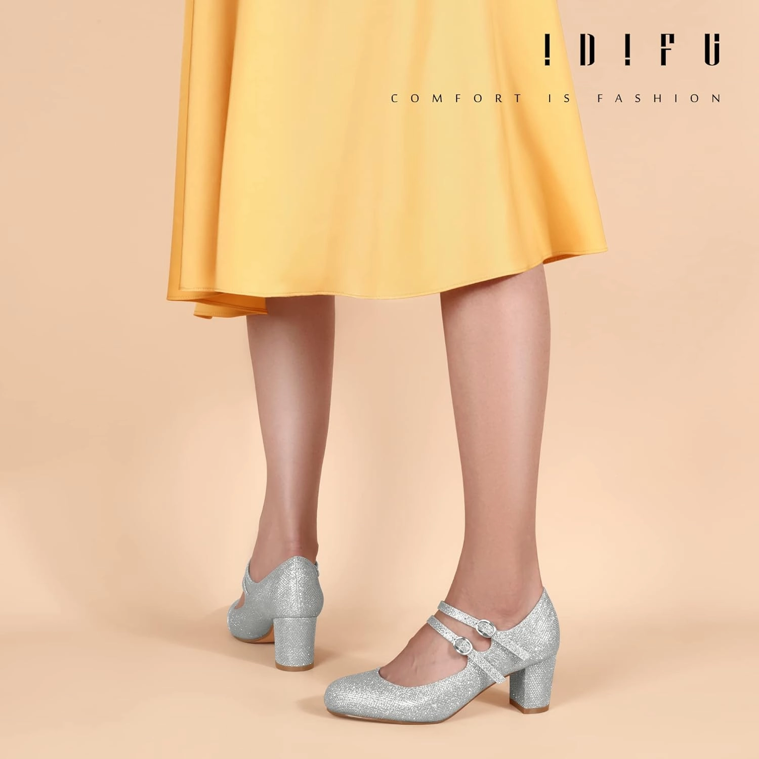 IDIFU Women's Dress Shoes for Women Pumps Mary Jane Heels Low Block Round Closed Toe Wedding Office Work