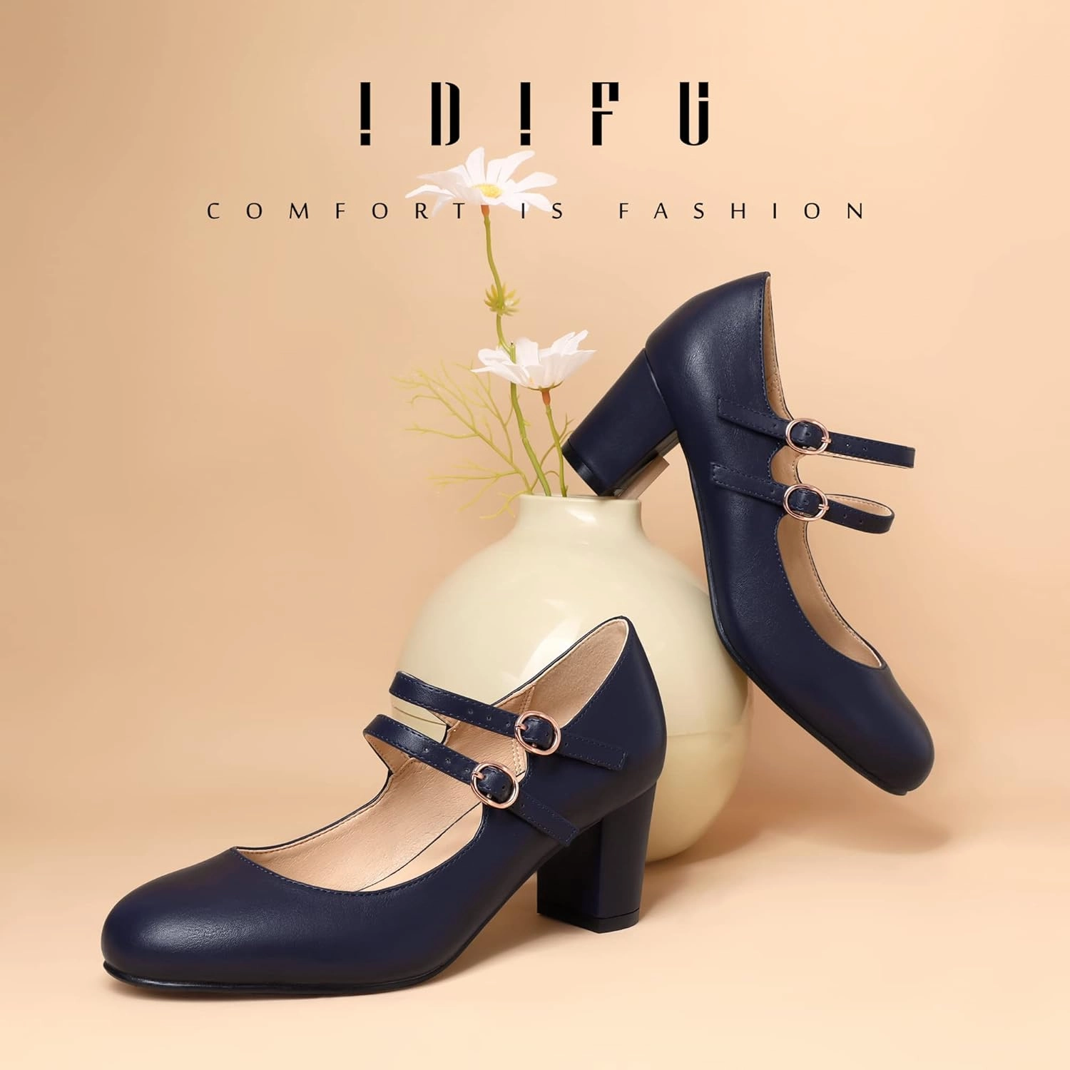 IDIFU Women's Dress Shoes for Women Pumps Mary Jane Heels Low Block Round Closed Toe Wedding Office Work