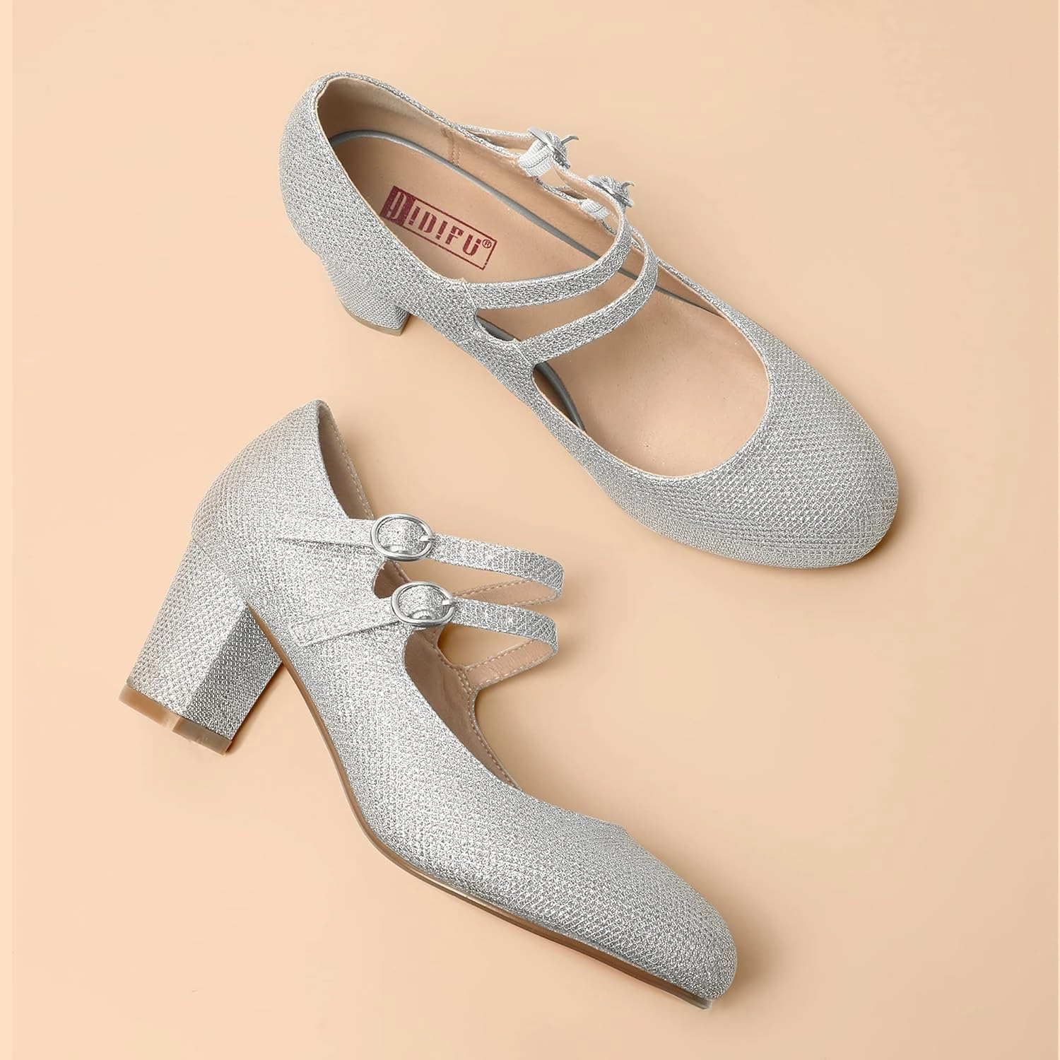 IDIFU Women's Dress Shoes for Women Pumps Mary Jane Heels Low Block Round Closed Toe Wedding Office Work