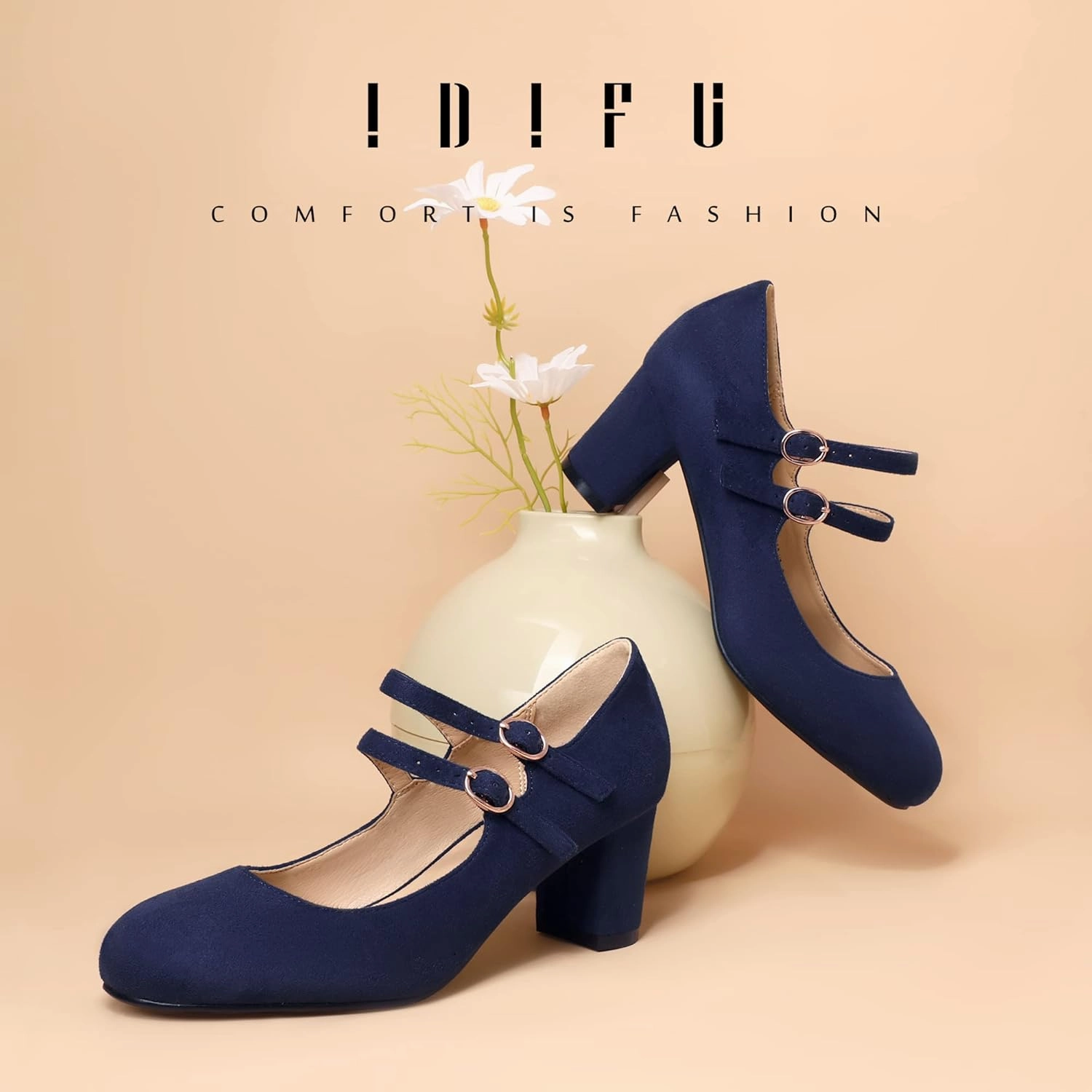 IDIFU Women's Dress Shoes for Women Pumps Mary Jane Heels Low Block Round Closed Toe Wedding Office Work
