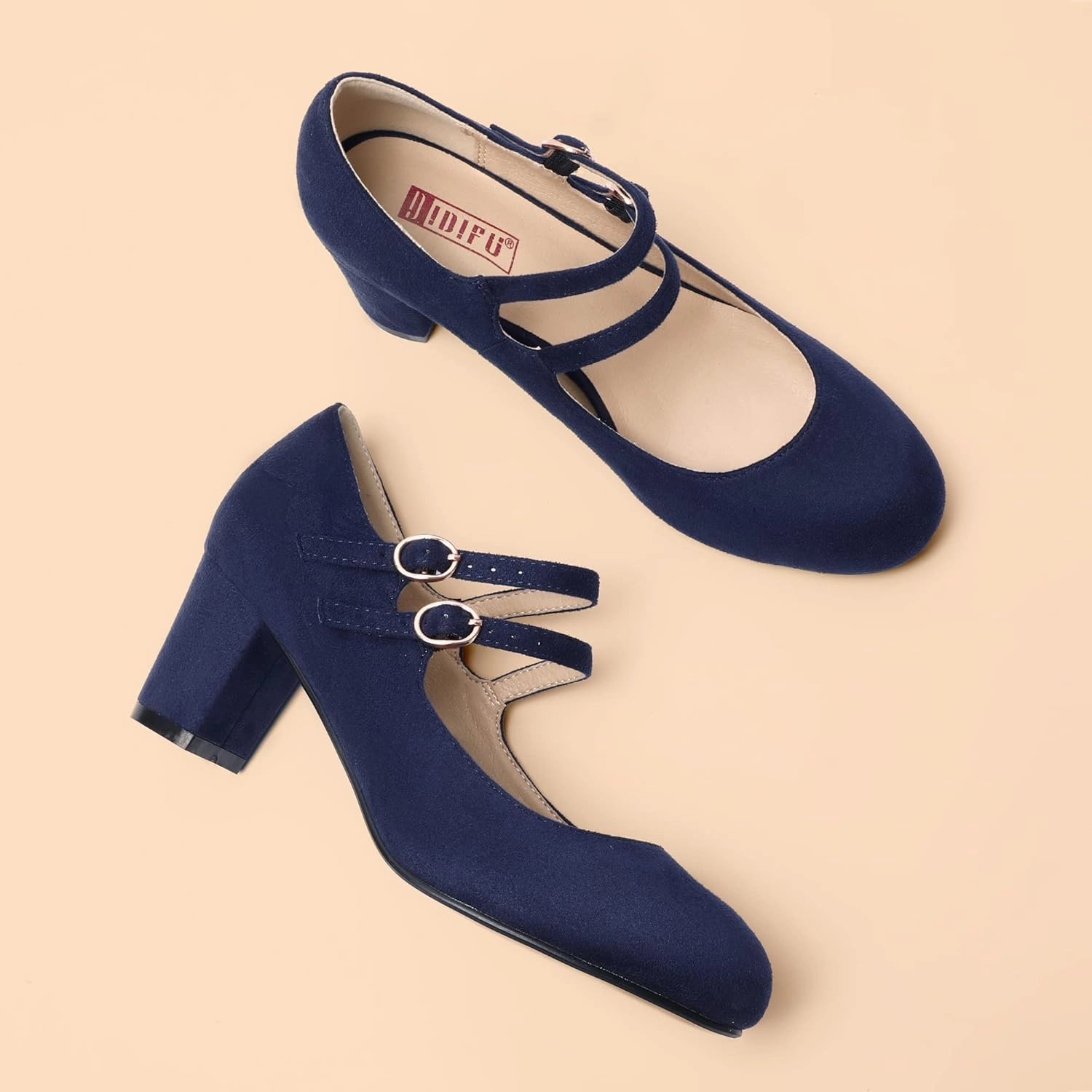 IDIFU Women's Dress Shoes for Women Pumps Mary Jane Heels Low Block Round Closed Toe Wedding Office Work