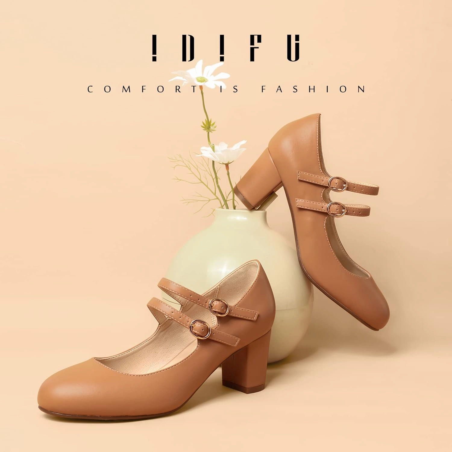 IDIFU Women's Dress Shoes for Women Pumps Mary Jane Heels Low Block Round Closed Toe Wedding Office Work