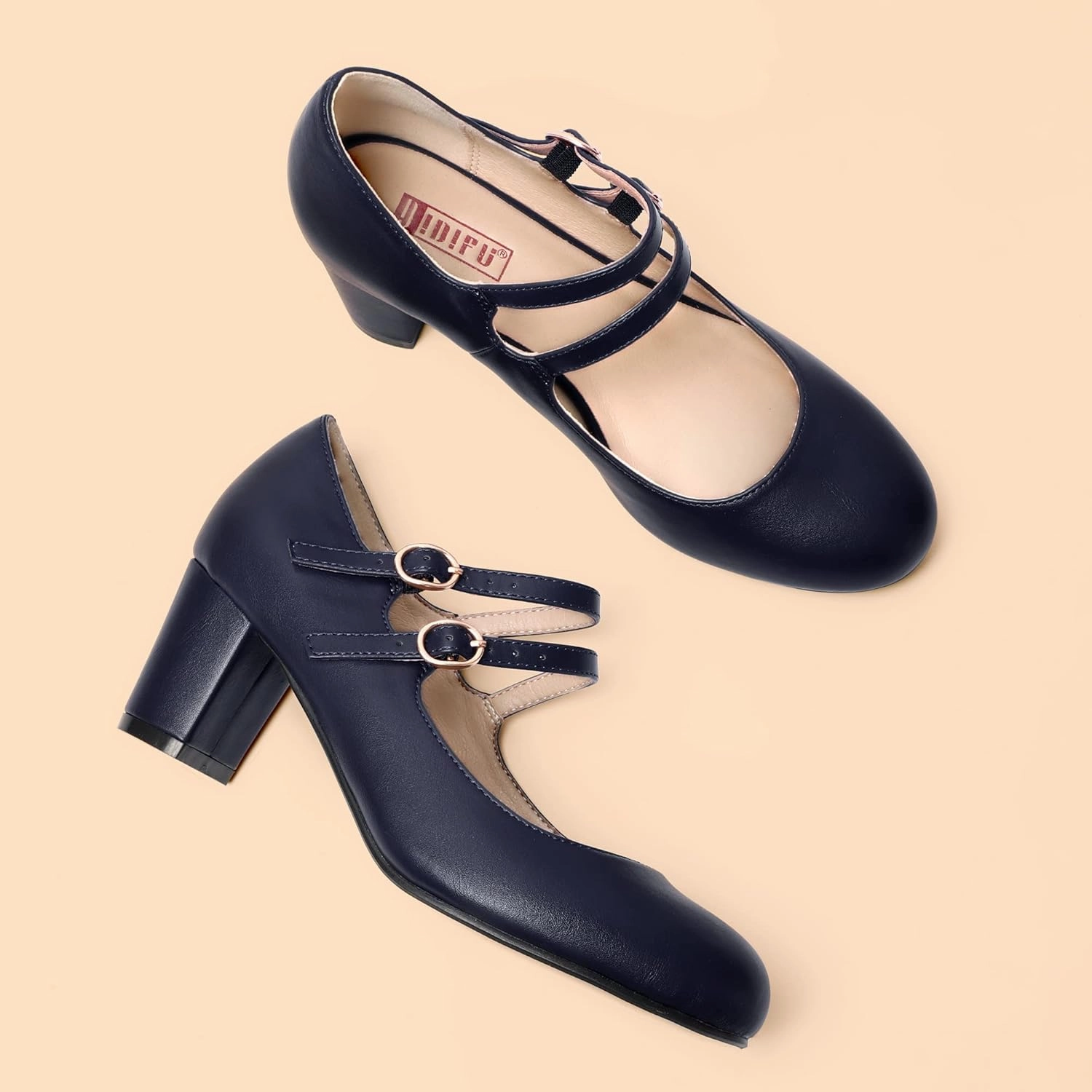IDIFU Women's Dress Shoes for Women Pumps Mary Jane Heels Low Block Round Closed Toe Wedding Office Work