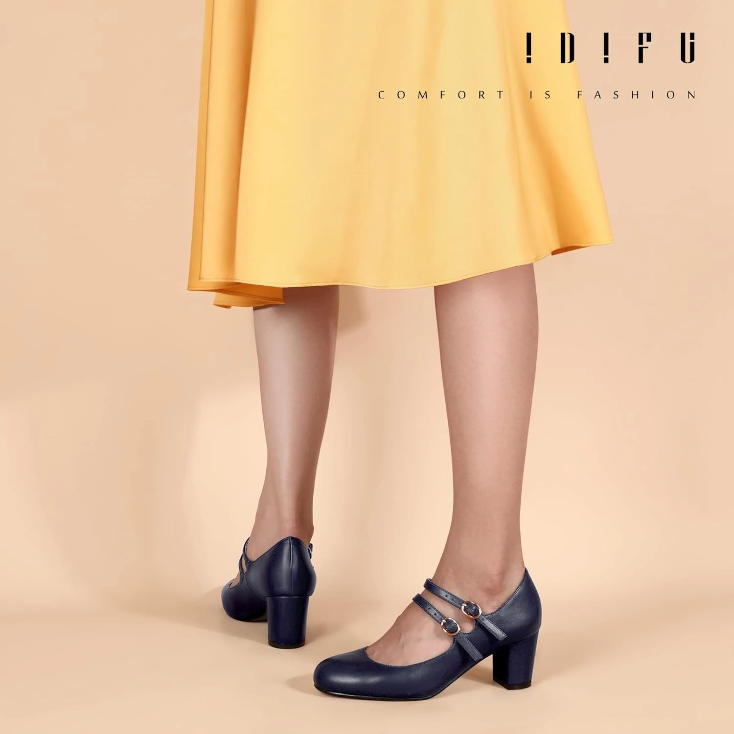 IDIFU Women's Dress Shoes for Women Pumps Mary Jane Heels Low Block Round Closed Toe Wedding Office Work
