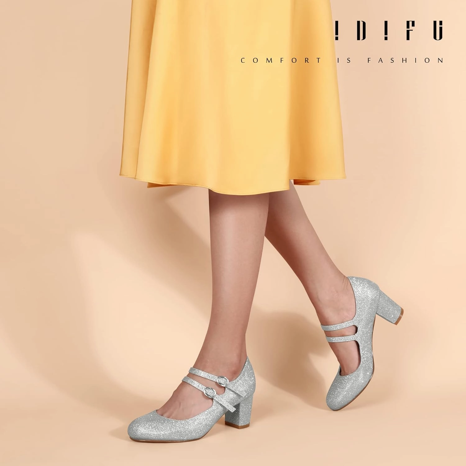 IDIFU Women's Dress Shoes for Women Pumps Mary Jane Heels Low Block Round Closed Toe Wedding Office Work