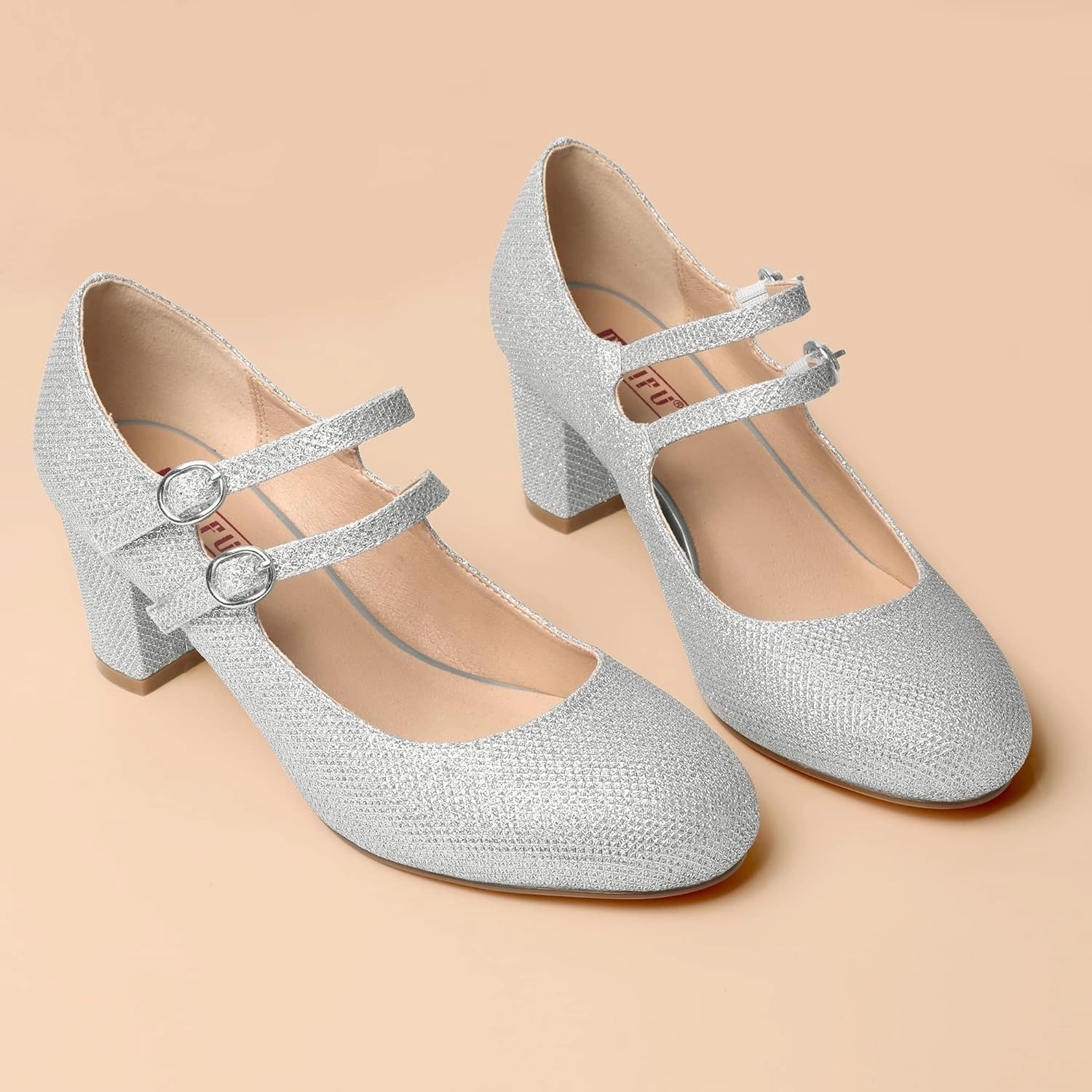 IDIFU Women's Dress Shoes for Women Pumps Mary Jane Heels Low Block Round Closed Toe Wedding Office Work