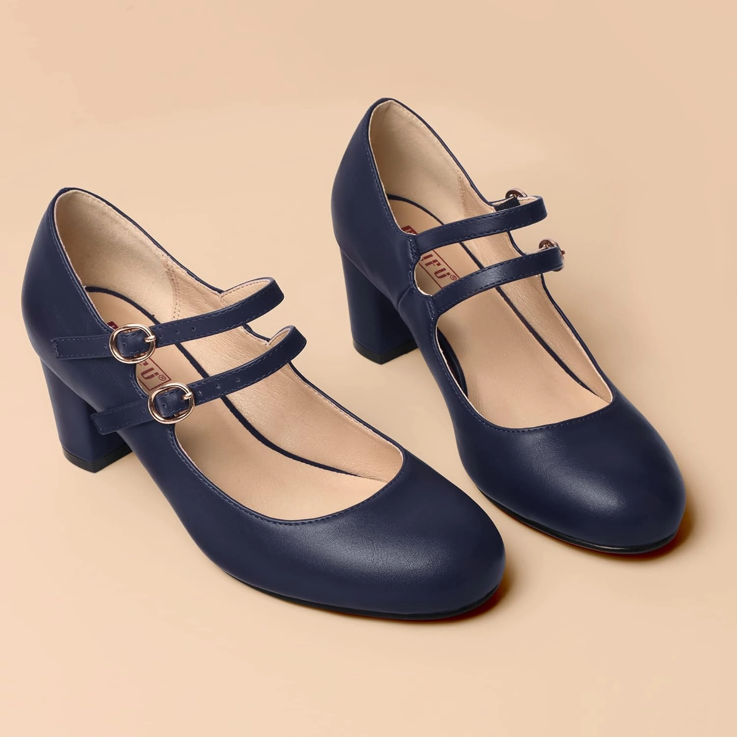 IDIFU Women's Dress Shoes for Women Pumps Mary Jane Heels Low Block Round Closed Toe Wedding Office Work