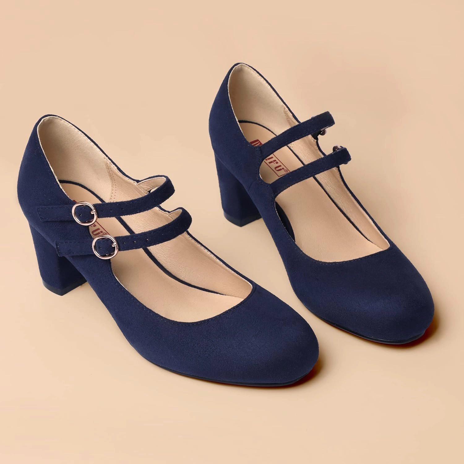IDIFU Women's Dress Shoes for Women Pumps Mary Jane Heels Low Block Round Closed Toe Wedding Office Work