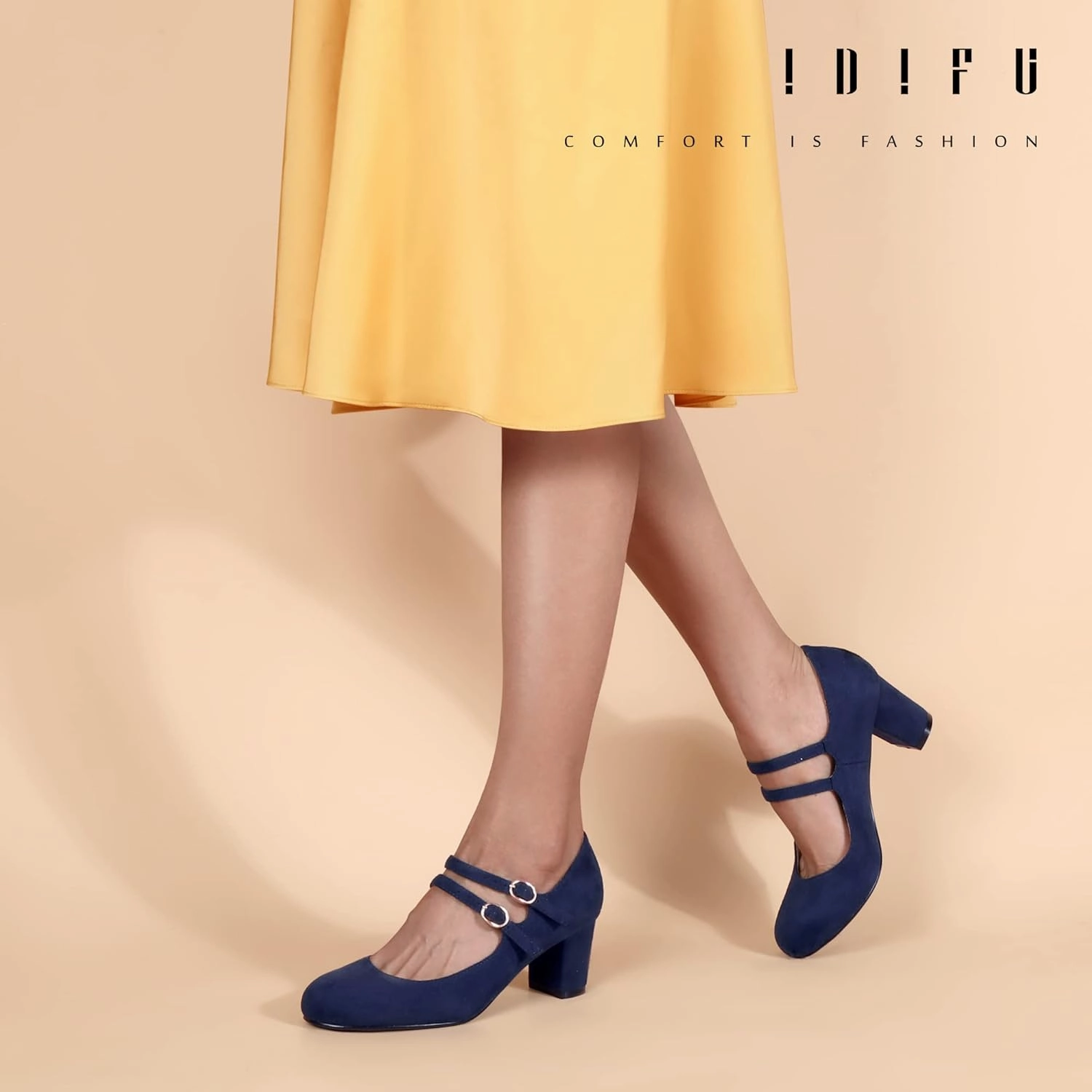 IDIFU Women's Dress Shoes for Women Pumps Mary Jane Heels Low Block Round Closed Toe Wedding Office Work