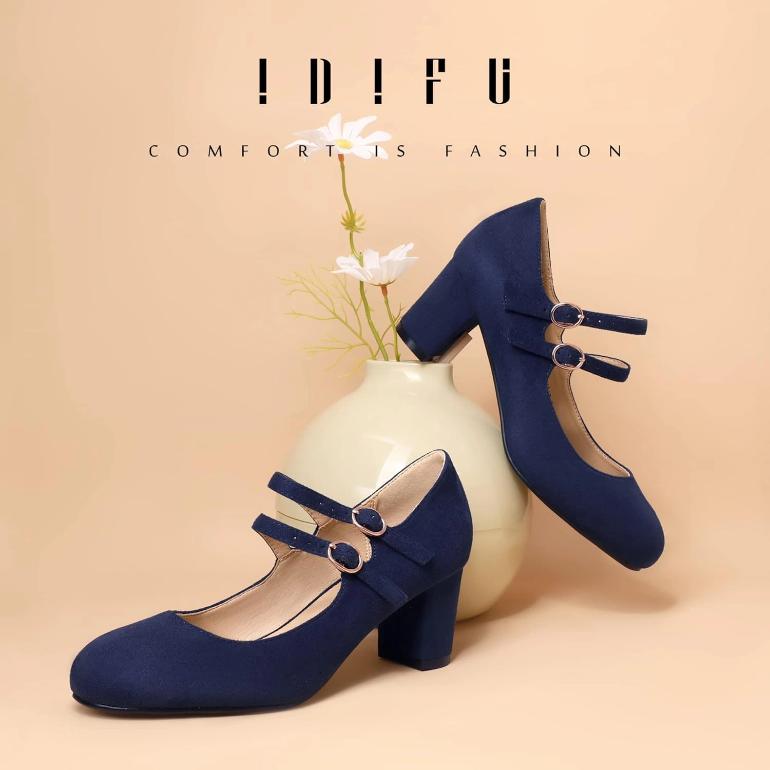 IDIFU Women's Dress Shoes for Women Pumps Mary Jane Heels Low Block Round Closed Toe Wedding Office Work