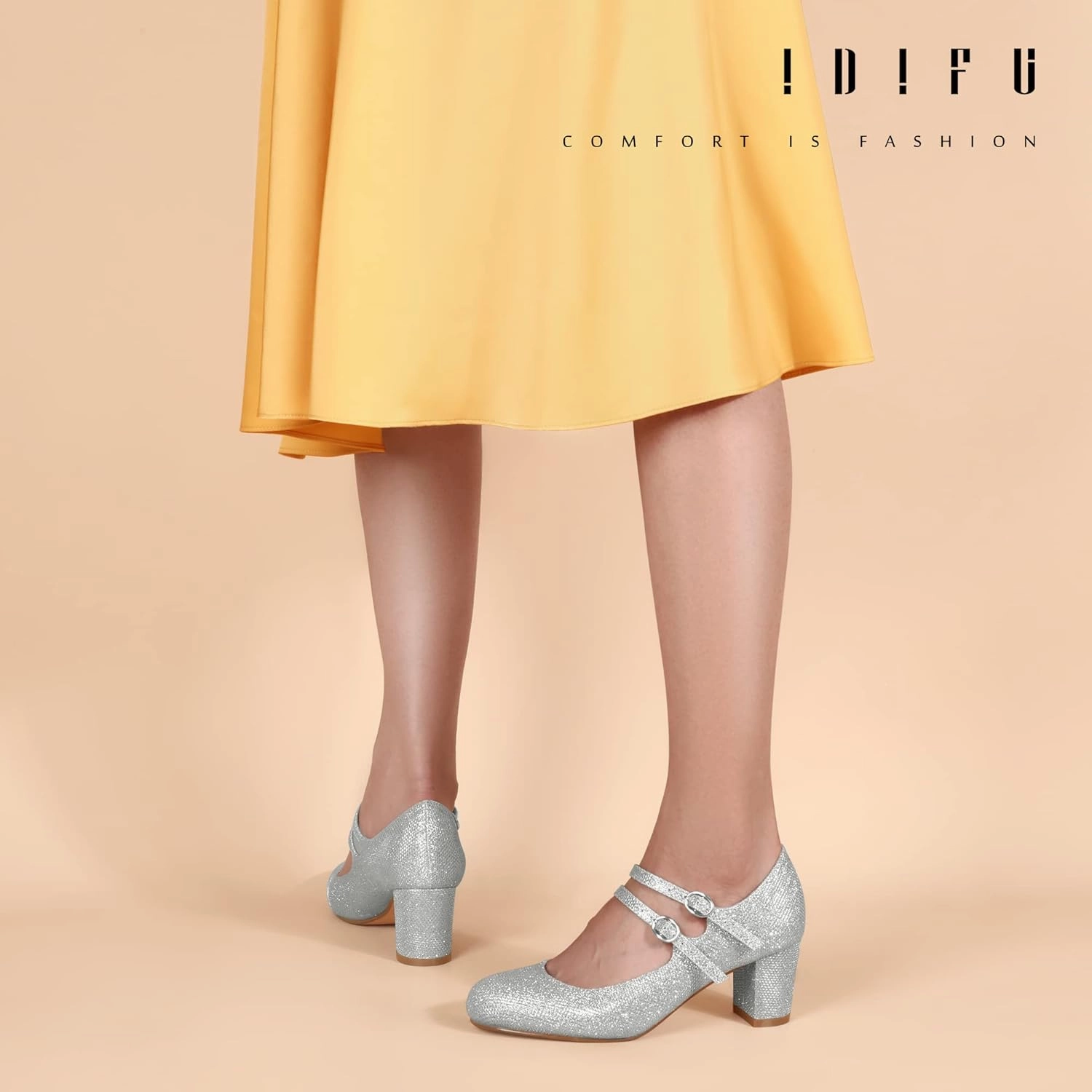 IDIFU Women's Dress Shoes for Women Pumps Mary Jane Heels Low Block Round Closed Toe Wedding Office Work