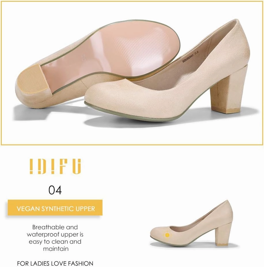 IDIFU Women's Sherry Dress Low Block Chunky Heels Pumps Closed Round Toe Shoes for Wedding Office Evening