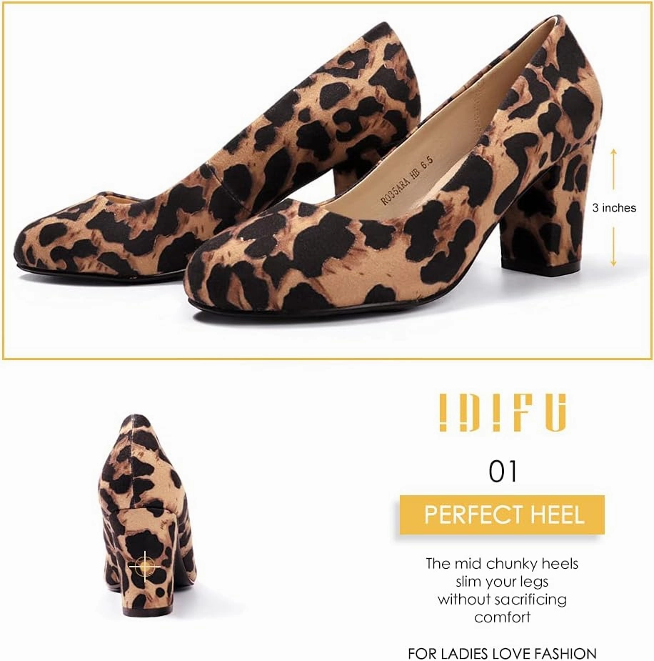 IDIFU Women's Sherry Dress Low Block Chunky Heels Pumps Closed Round Toe Shoes for Wedding Office Evening