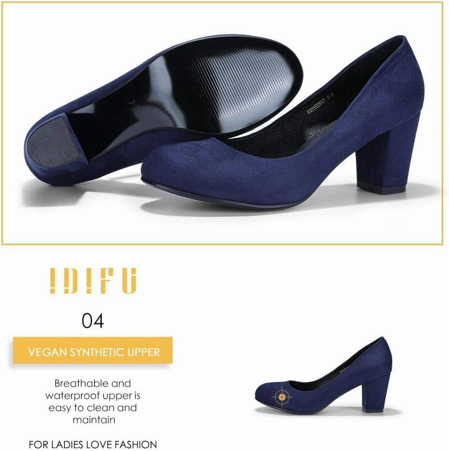 IDIFU Women's Sherry Dress Low Block Chunky Heels Pumps Closed Round Toe Shoes for Wedding Office Evening