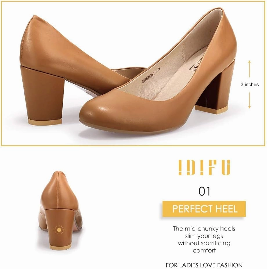 IDIFU Women's Sherry Dress Low Block Chunky Heels Pumps Closed Round Toe Shoes for Wedding Office Evening