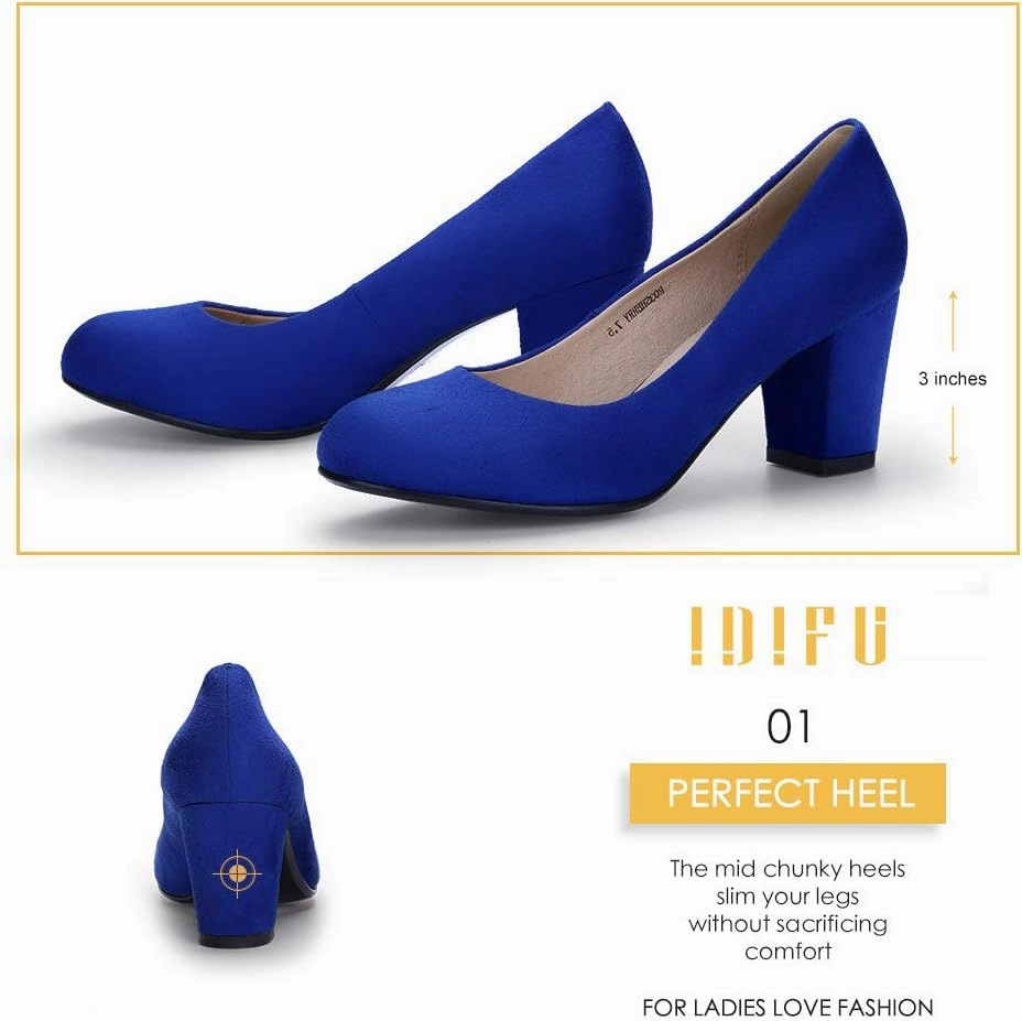 IDIFU Women's Sherry Dress Low Block Chunky Heels Pumps Closed Round Toe Shoes for Wedding Office Evening