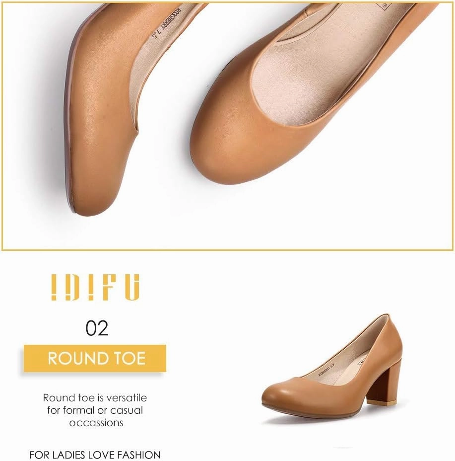 IDIFU Women's Sherry Dress Low Block Chunky Heels Pumps Closed Round Toe Shoes for Wedding Office Evening