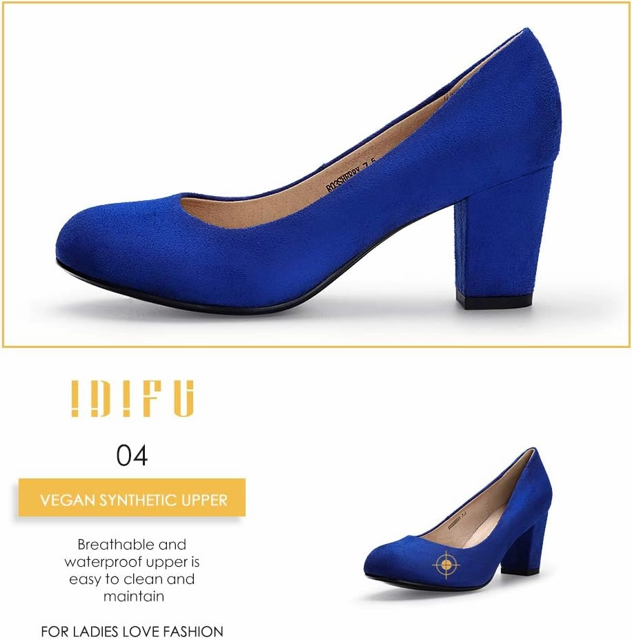 IDIFU Women's Sherry Dress Low Block Chunky Heels Pumps Closed Round Toe Shoes for Wedding Office Evening